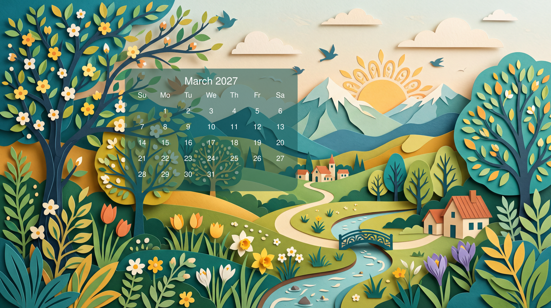 March 2027 calendar on a 5K Ultra HD PC desktop wallpaper background: stylized landscape with mountains, trees, river, wildflowers and cottages.