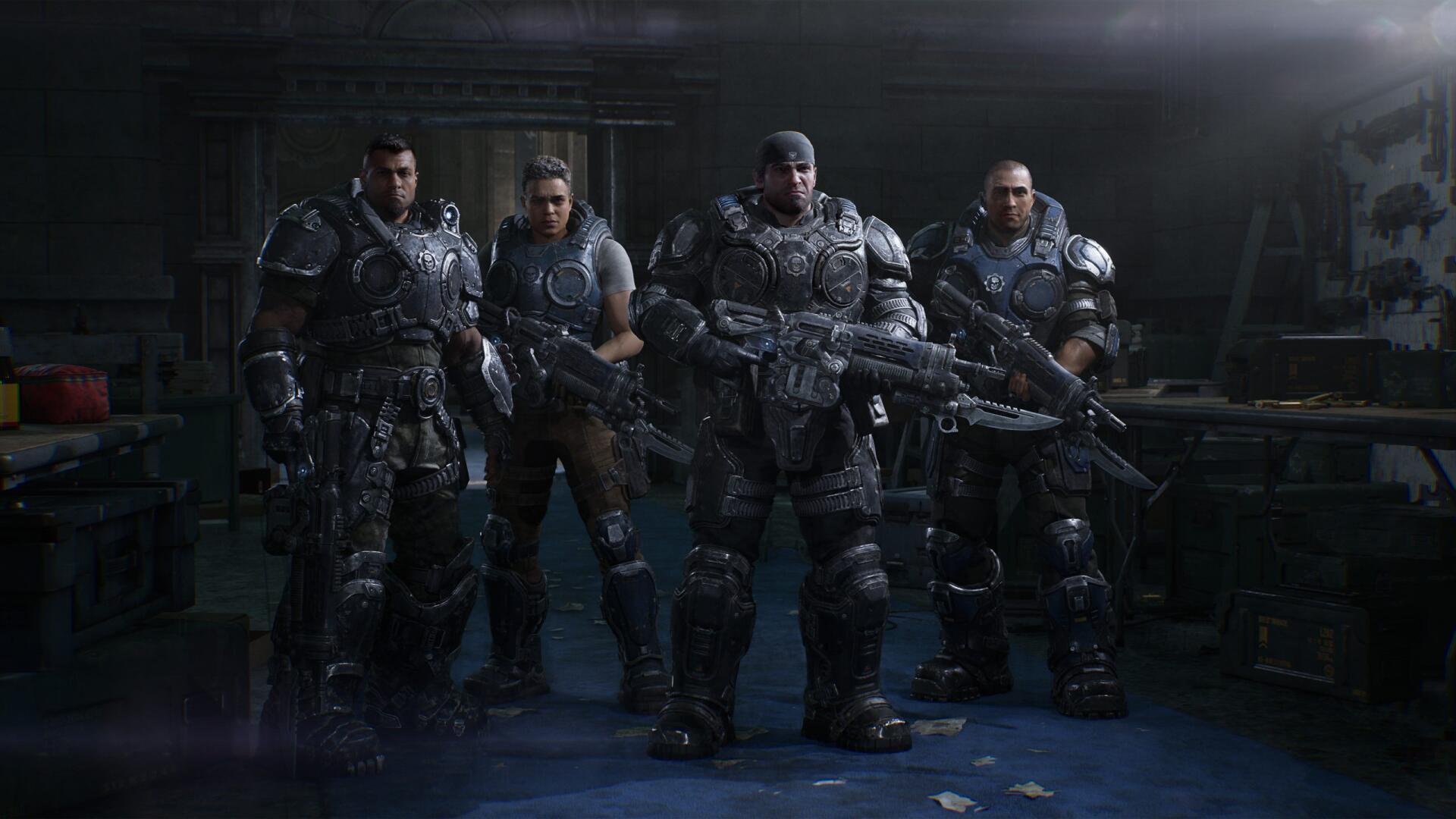 Gears of War: E-Day 2K Quad HD PC wallpaper — Marcus Fenix and three armored Gears soldiers stand in heavy combat armor, weapons ready in a dim bunker.