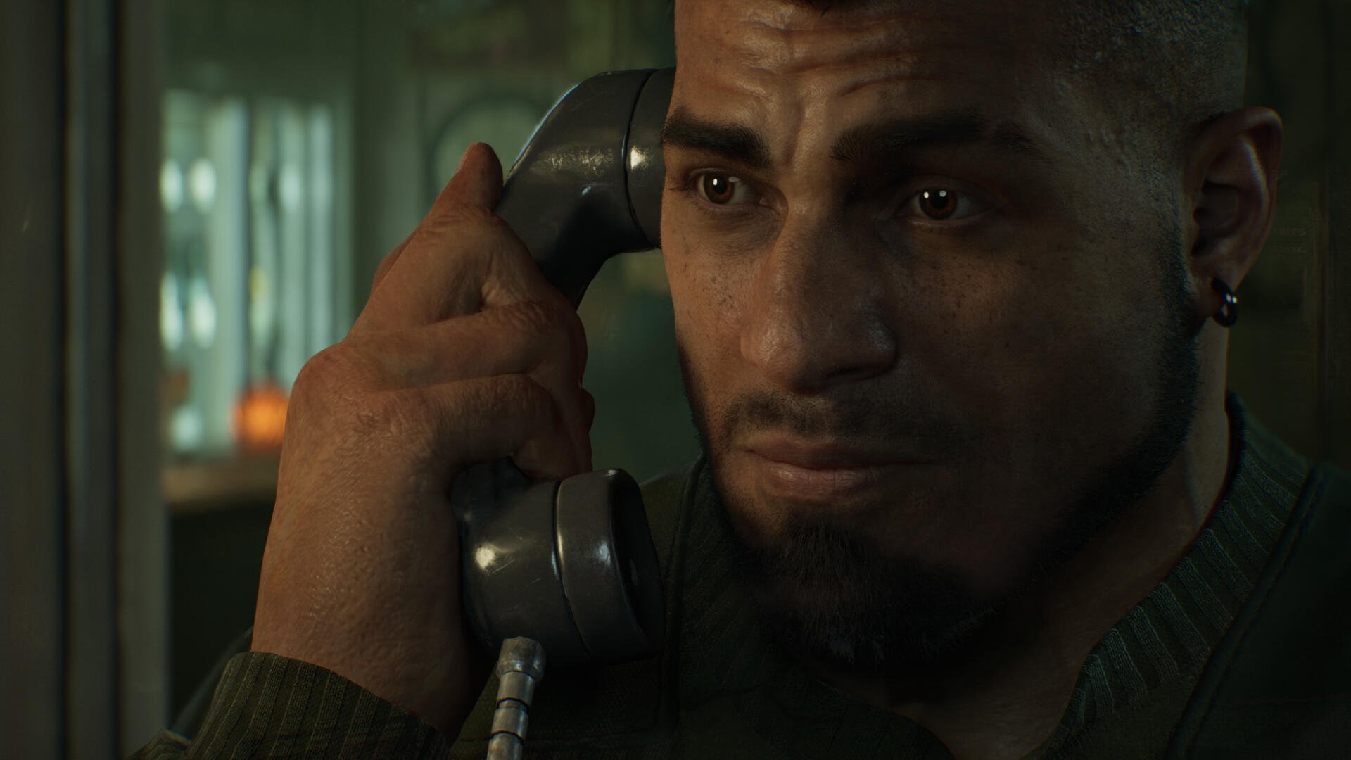Close-up of Dominic Santiago from Gears of War (E-Day) holding a telephone with a troubled expression — HD PC desktop wallpaper/background.