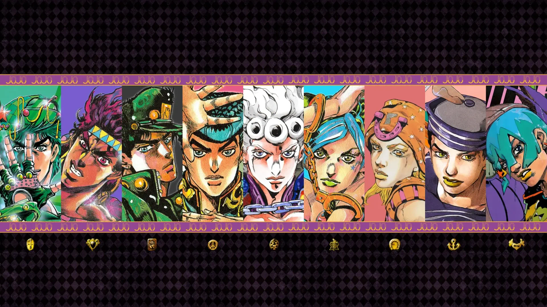 JoJo's Bizarre Adventure 4K Ultra HD PC Desktop Wallpaper and Background: panoramic character lineup on a purple patterned banner with bold, colorful anime portraits.