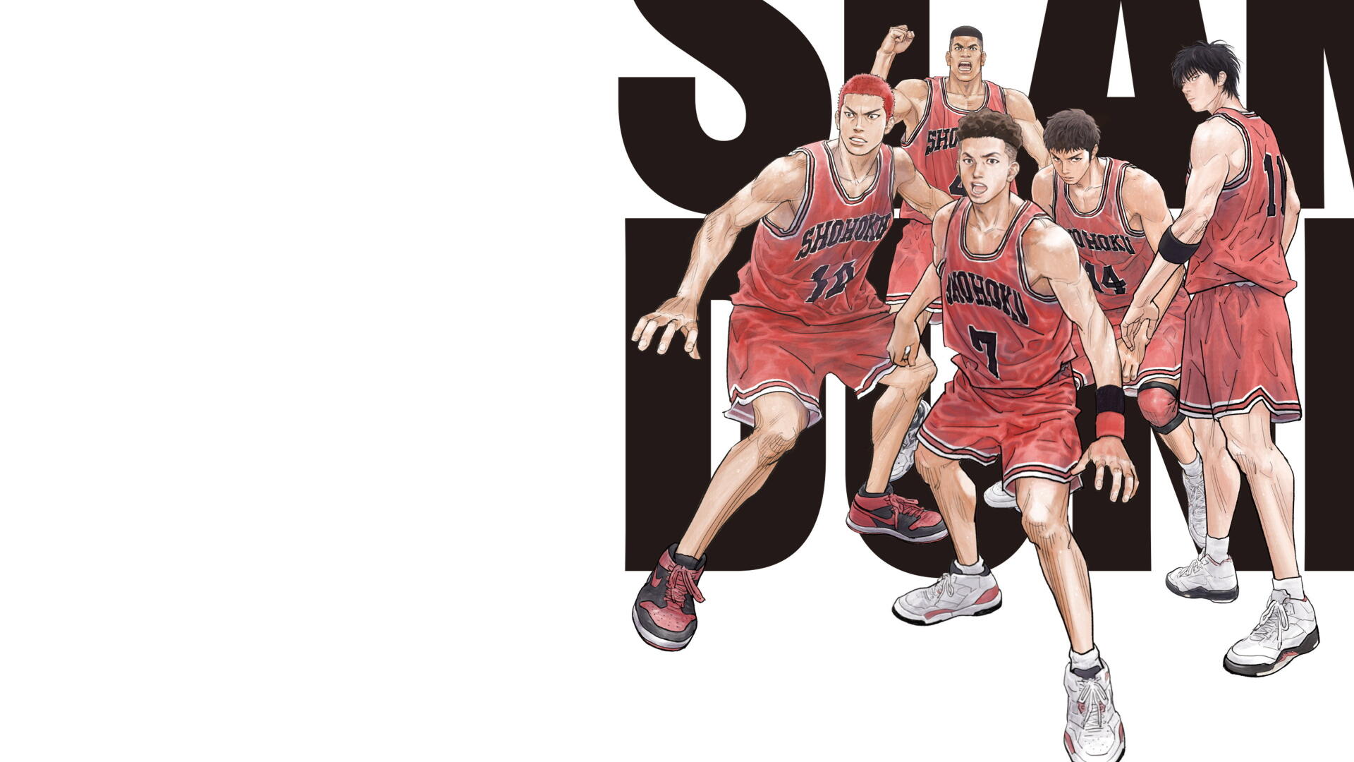 THE FIRST SLAM DUNK 4K Ultra HD PC desktop wallpaper: five basketball players in red jerseys sprinting right on a white background, cropped at the image's right edge.