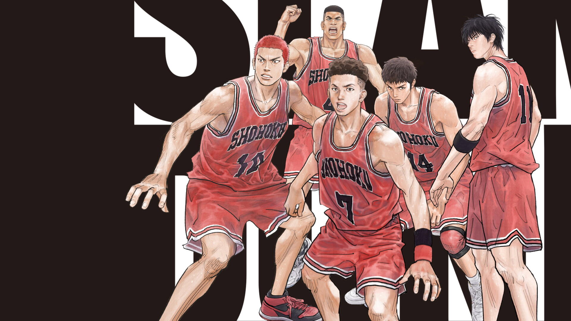 THE FIRST SLAM DUNK anime players in red Shohoku jerseys charging forward, rendered as a 4K Ultra HD PC desktop wallpaper and background.