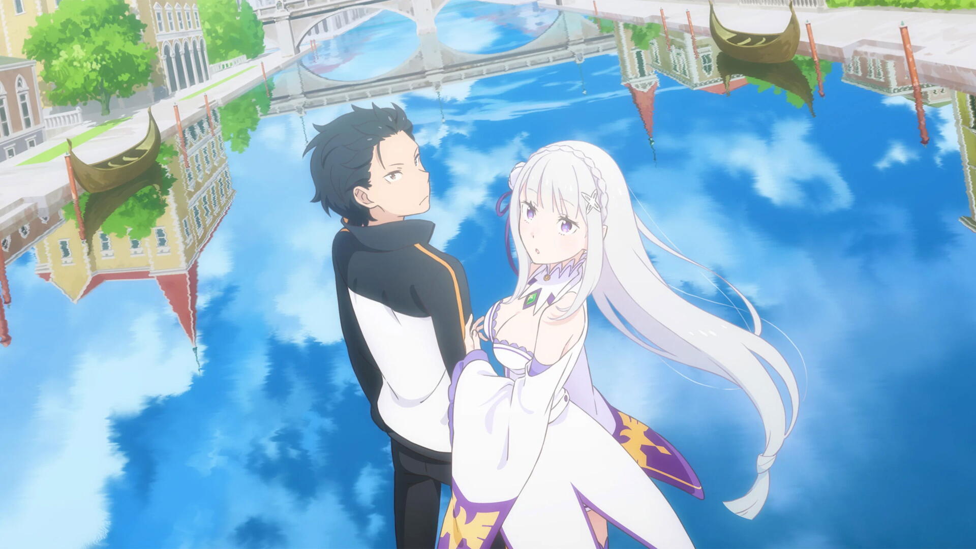 Re:Zero - Starting Life in Another World 4K Ultra HD PC desktop wallpaper: Subaru and Emilia float above a reflective blue sky with an inverted cityscape below.