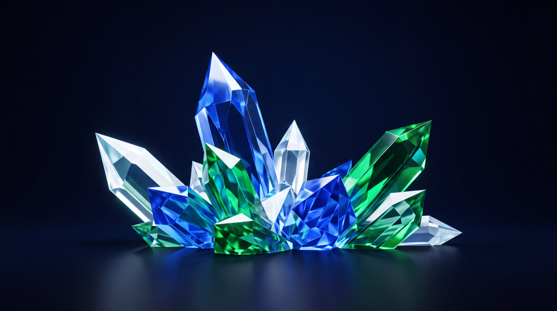 Blue, green and clear crystal gemstones clustered like jewelry on a dark surface, rendered as a 5K Ultra HD PC desktop wallpaper and background.