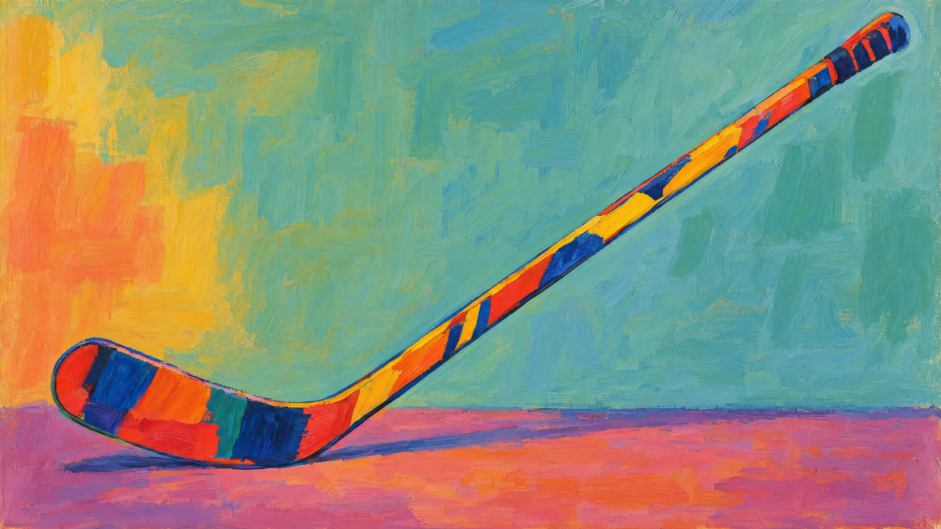Abstract 4K Ultra HD PC desktop wallpaper showing a vibrant, painterly hockey stick diagonally across teal and coral color fields.