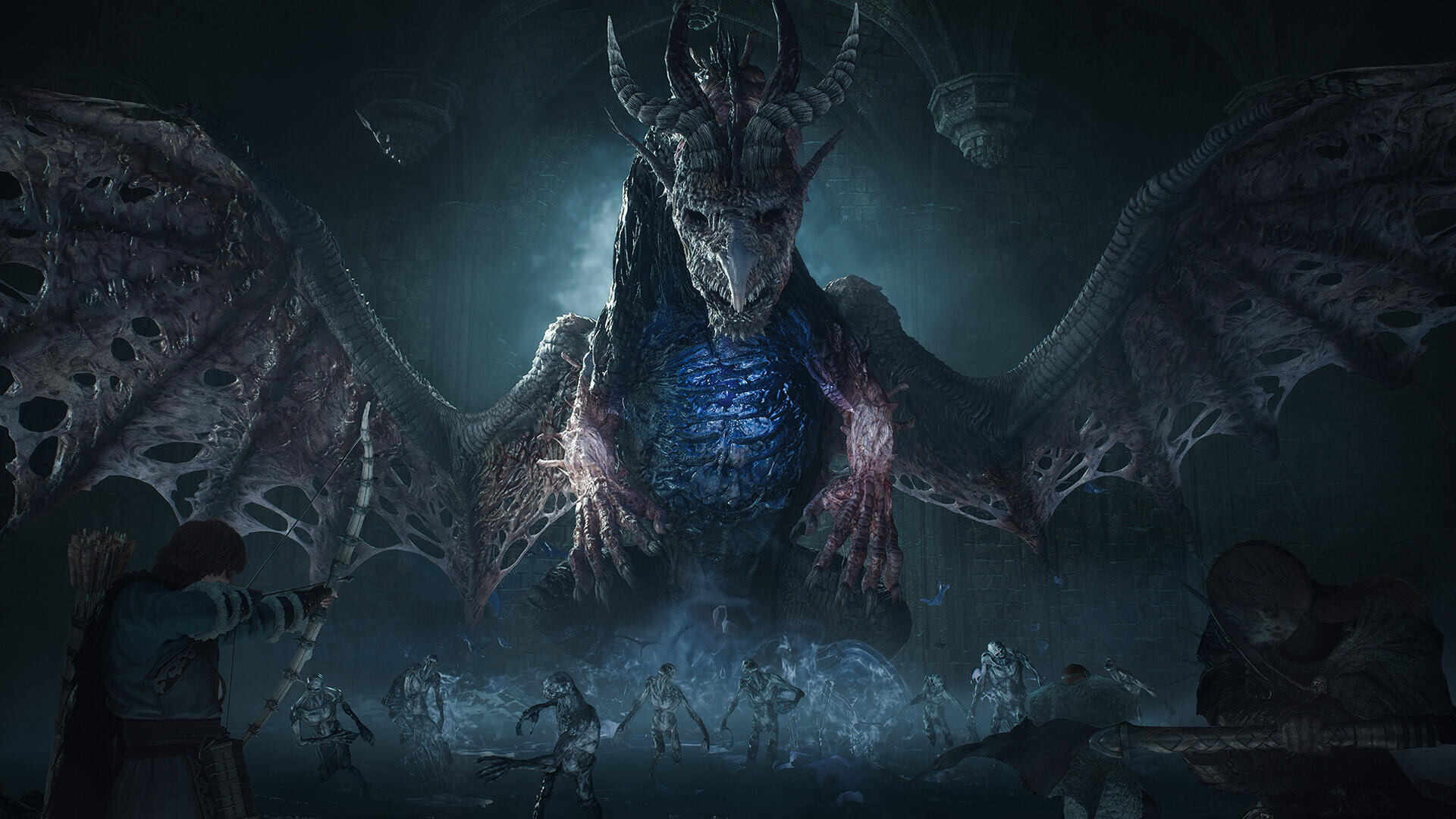 HD PC desktop wallpaper from Dragon's Dogma 2: colossal dragon monster with glowing blue chest and outstretched wings looming over armored figures in a shadowy cavern