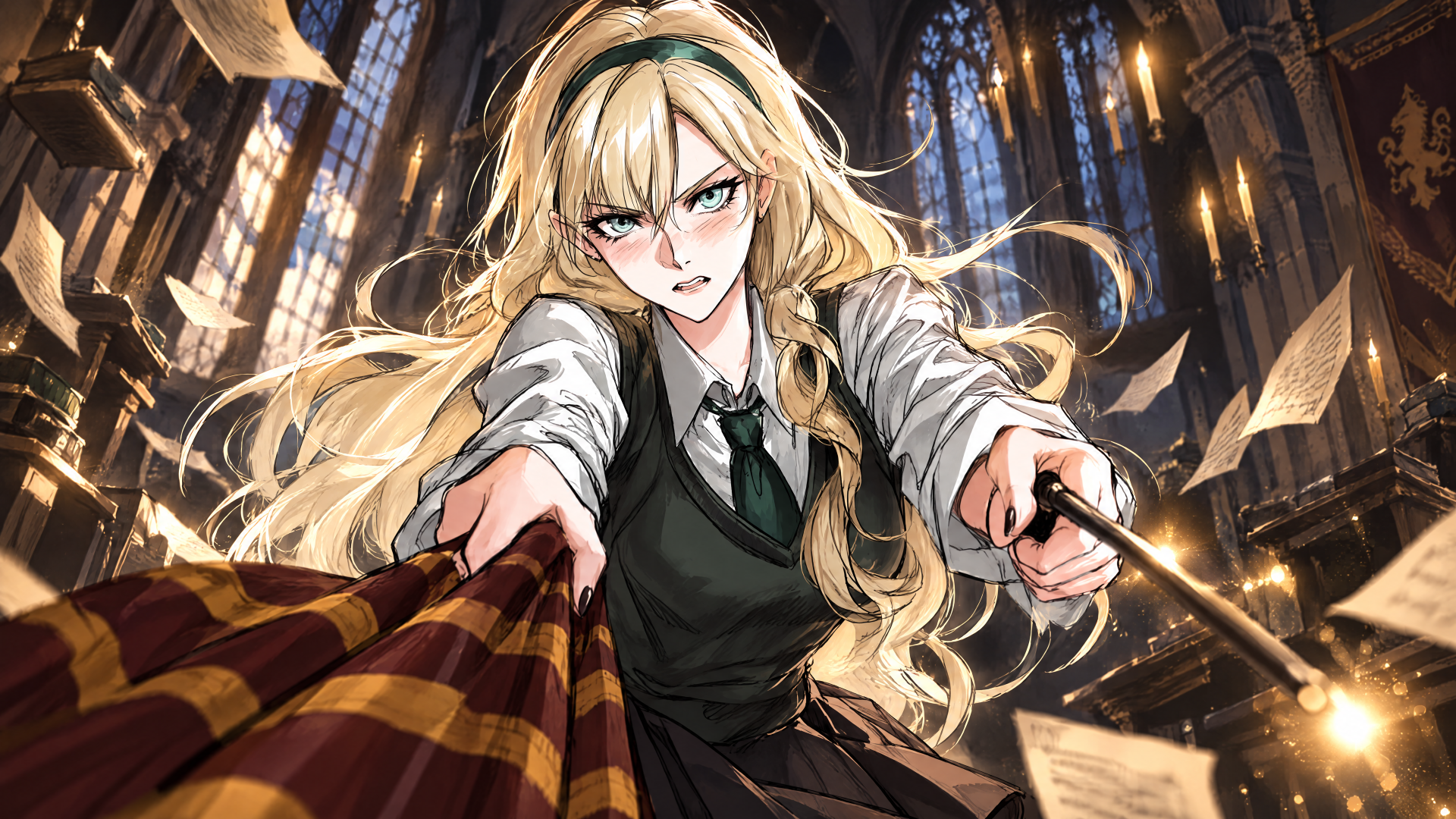 Malfoid meme anime girl casting magic in a cathedral, fierce blonde with wand and house scarf; dynamic 4K Ultra HD PC desktop wallpaper/background.