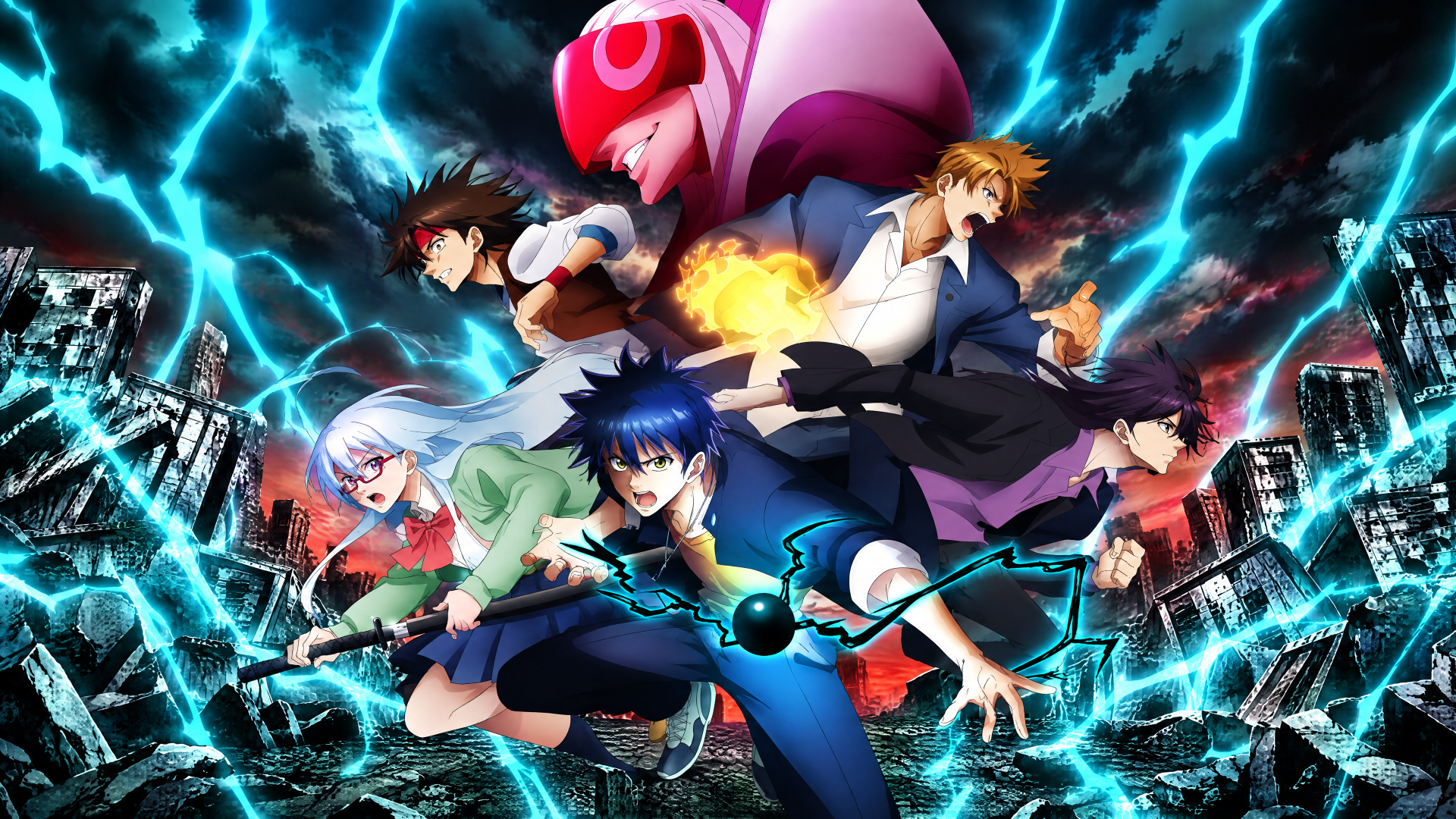 Psyren anime 4K Ultra HD PC desktop wallpaper featuring heroes battling amid electric-blue energy and a shattered city.