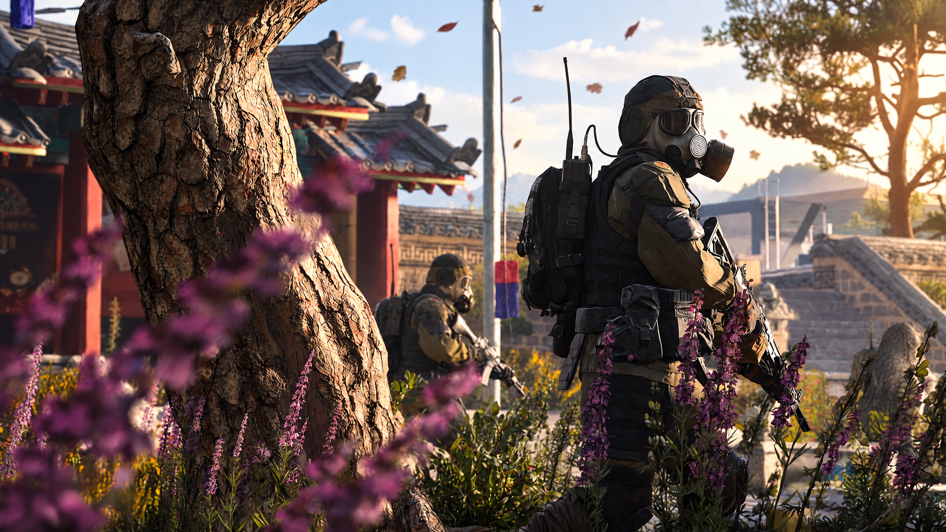 Call of Duty: Modern Warfare 4 4K Ultra HD PC desktop wallpaper featuring armed soldiers, including a gas mask-wearing soldier, near a temple.