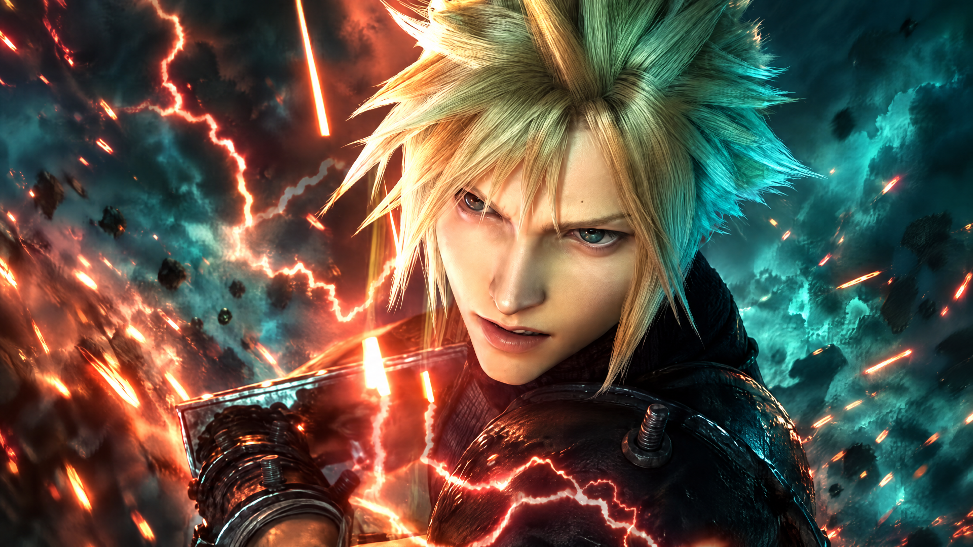 Cloud Strife from Final Fantasy Resonance amid fiery red and teal energy, 4K Ultra HD PC desktop wallpaper and background.