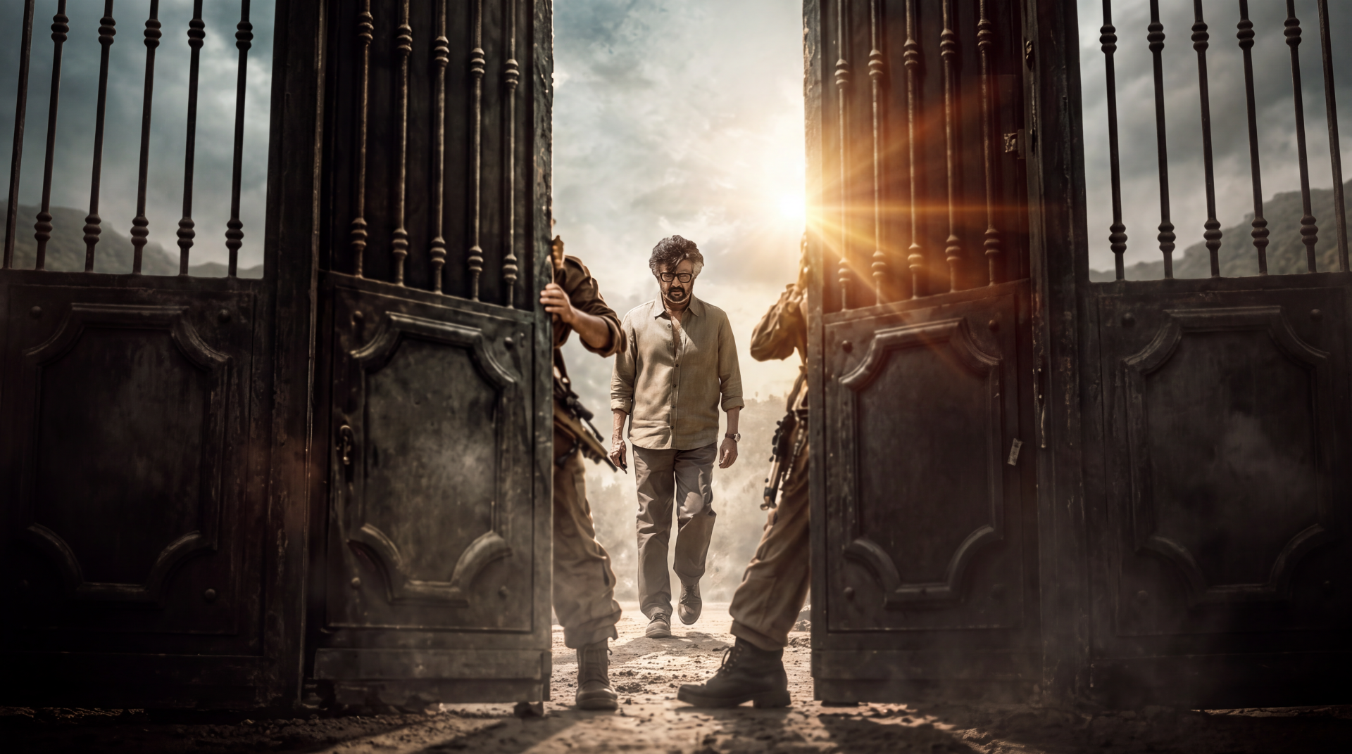 Rajinikanth walks through towering iron gates in Jailer 2, cinematic 5K Ultra HD desktop wallpaper.