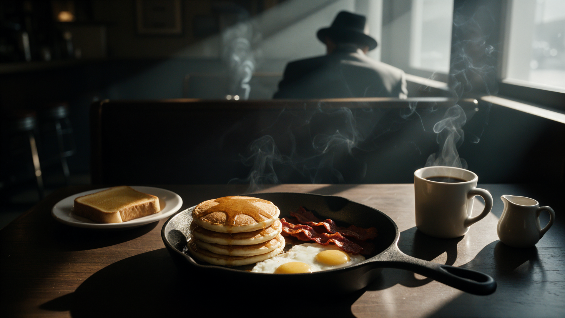 Pancake and coffee breakfast in a sunlit kitchen, 4K Ultra HD PC desktop wallpaper and background.