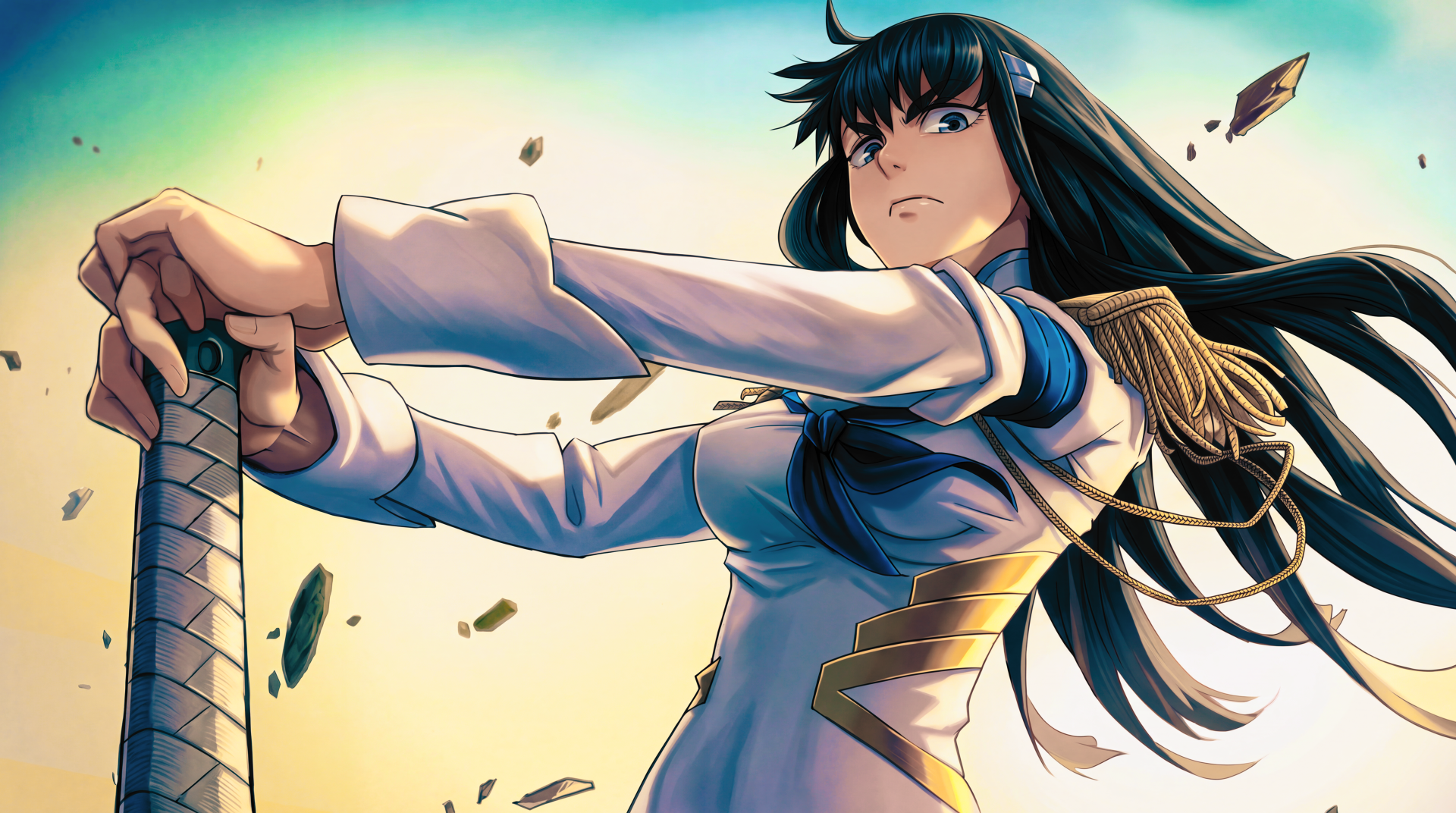 Satsuki Kiryūin from Kill la Kill grips a katana amid flying debris in this 5K Ultra HD PC desktop wallpaper.