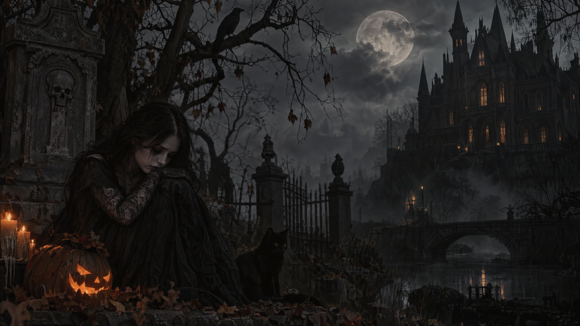 4K Ultra HD Halloween gothic desktop wallpaper of a shadowy graveyard, haunted house, full moon, and glowing jack-o’-lantern.
