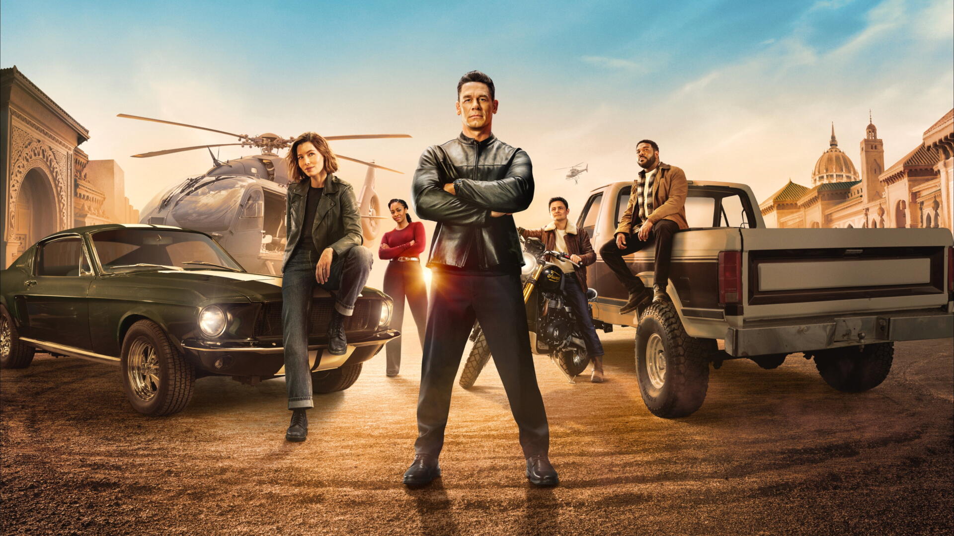 Matchbox (Movie) 2K Quad HD PC desktop wallpaper featuring a heroic ensemble with cars, motorcycles, and a helicopter.