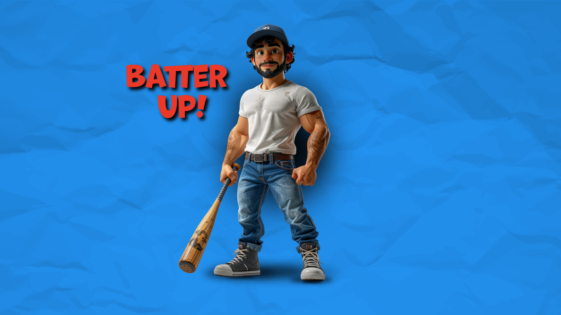 Funny cartoon baseball batter character holding a bat beneath “Batter Up!” on a blue 2K Quad HD desktop wallpaper background.