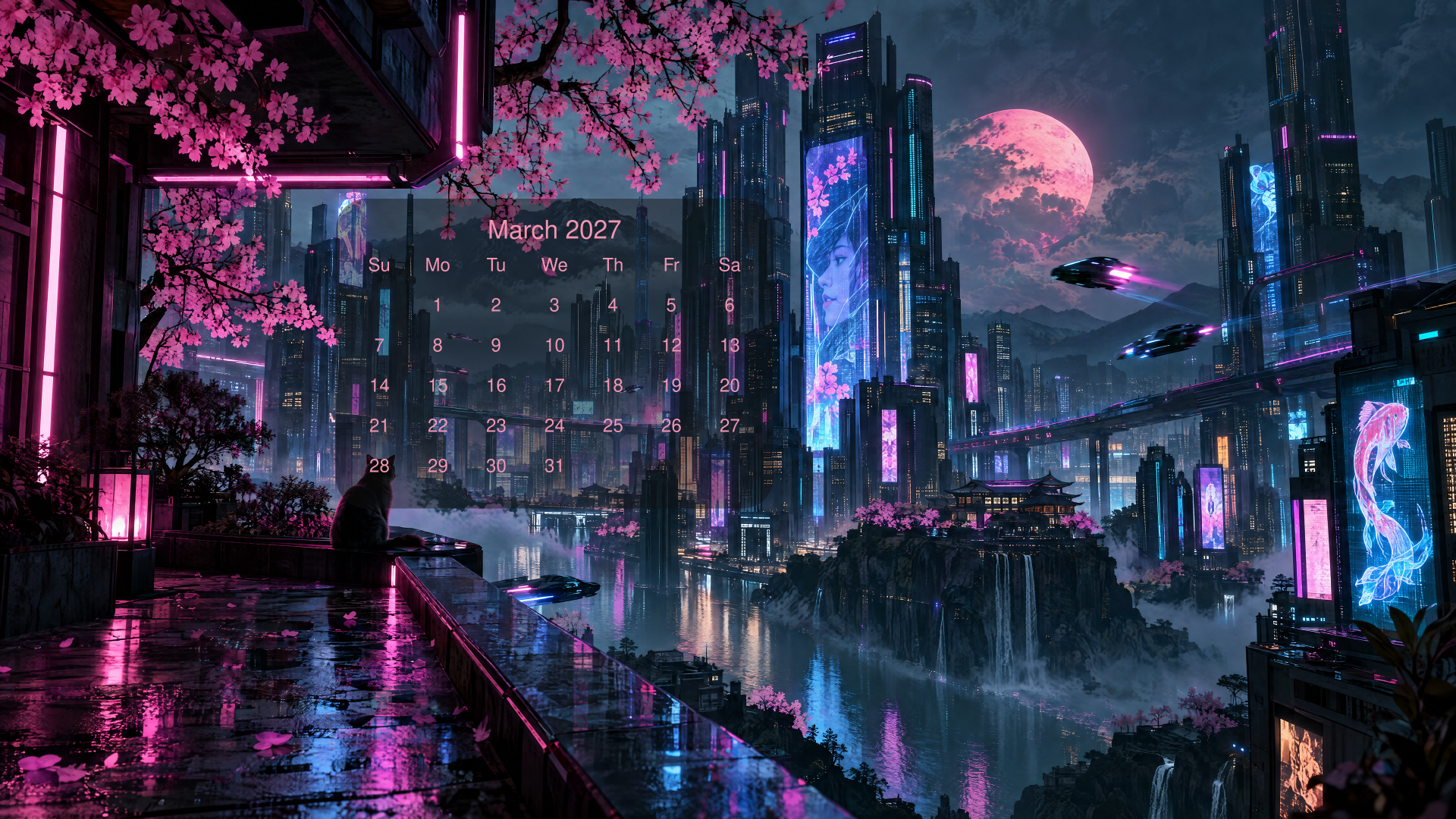 March 2027 calendar over a neon cyberpunk cityscape with a pink moon, 4K Ultra HD PC desktop wallpaper and background.