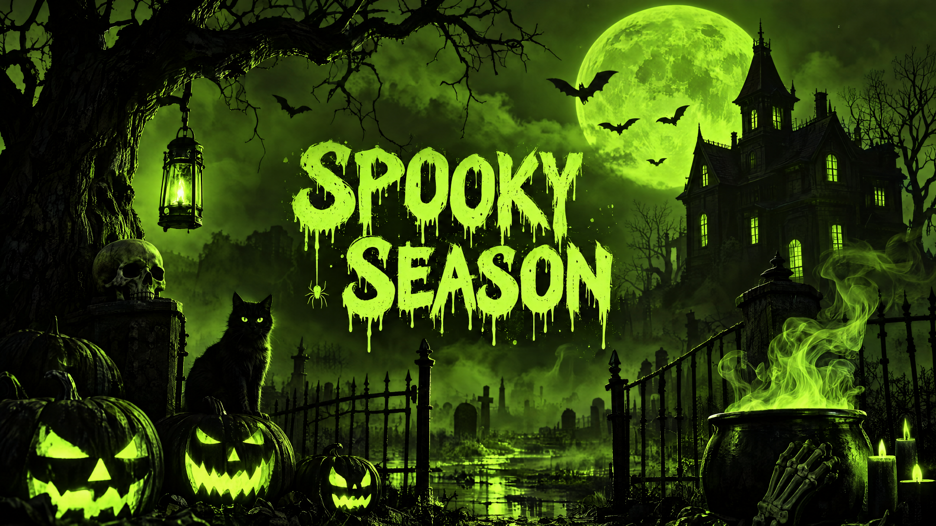 Spooky season 4K Ultra HD PC desktop wallpaper with a glowing green moon, bats, haunted castle, jack-o’-lanterns, and eerie graveyard.