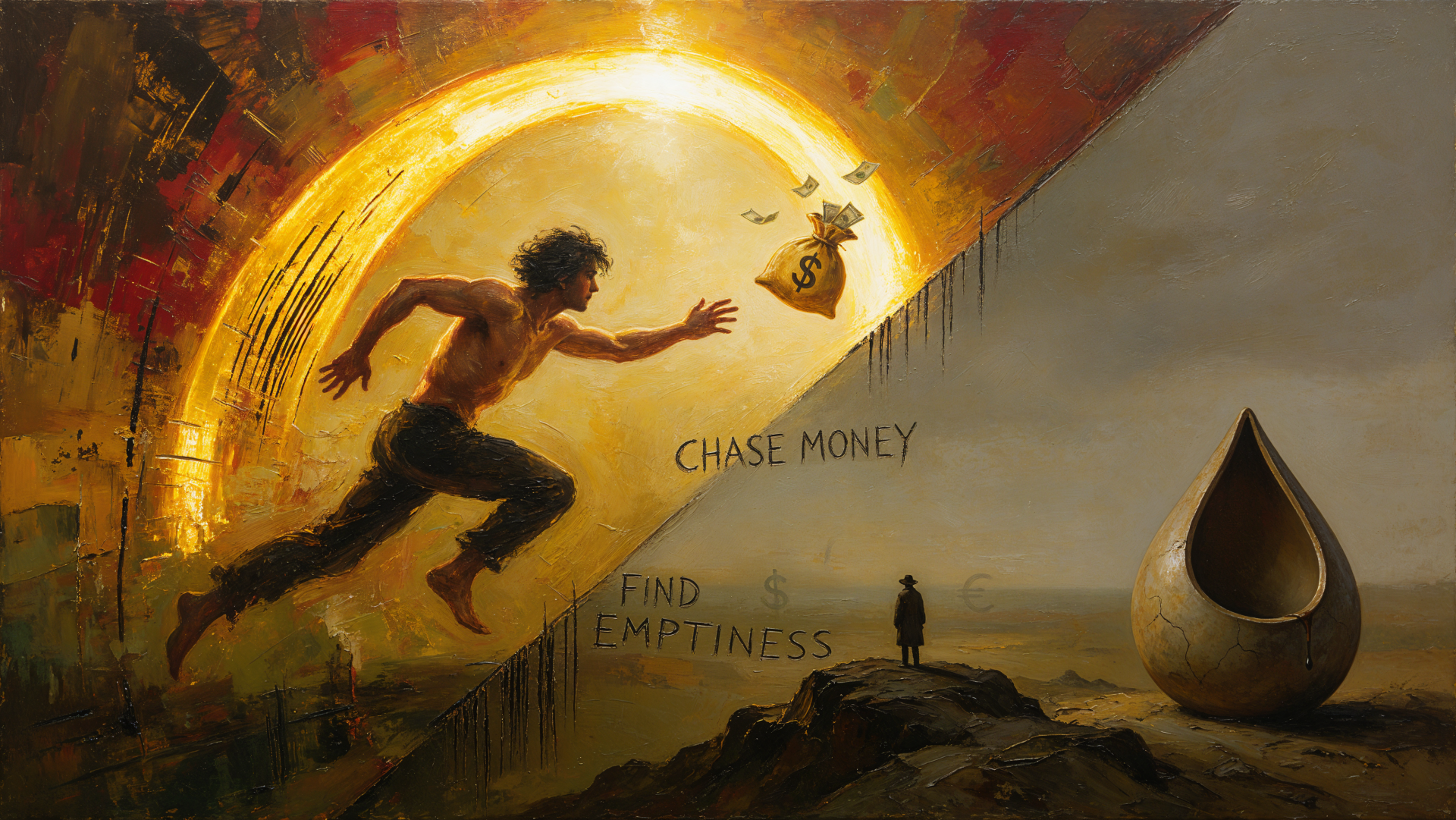 4K Ultra HD desktop wallpaper of a man chasing money toward a golden portal, with a giant droplet and the words “Chase money, find emptiness,” symbolizing greed.