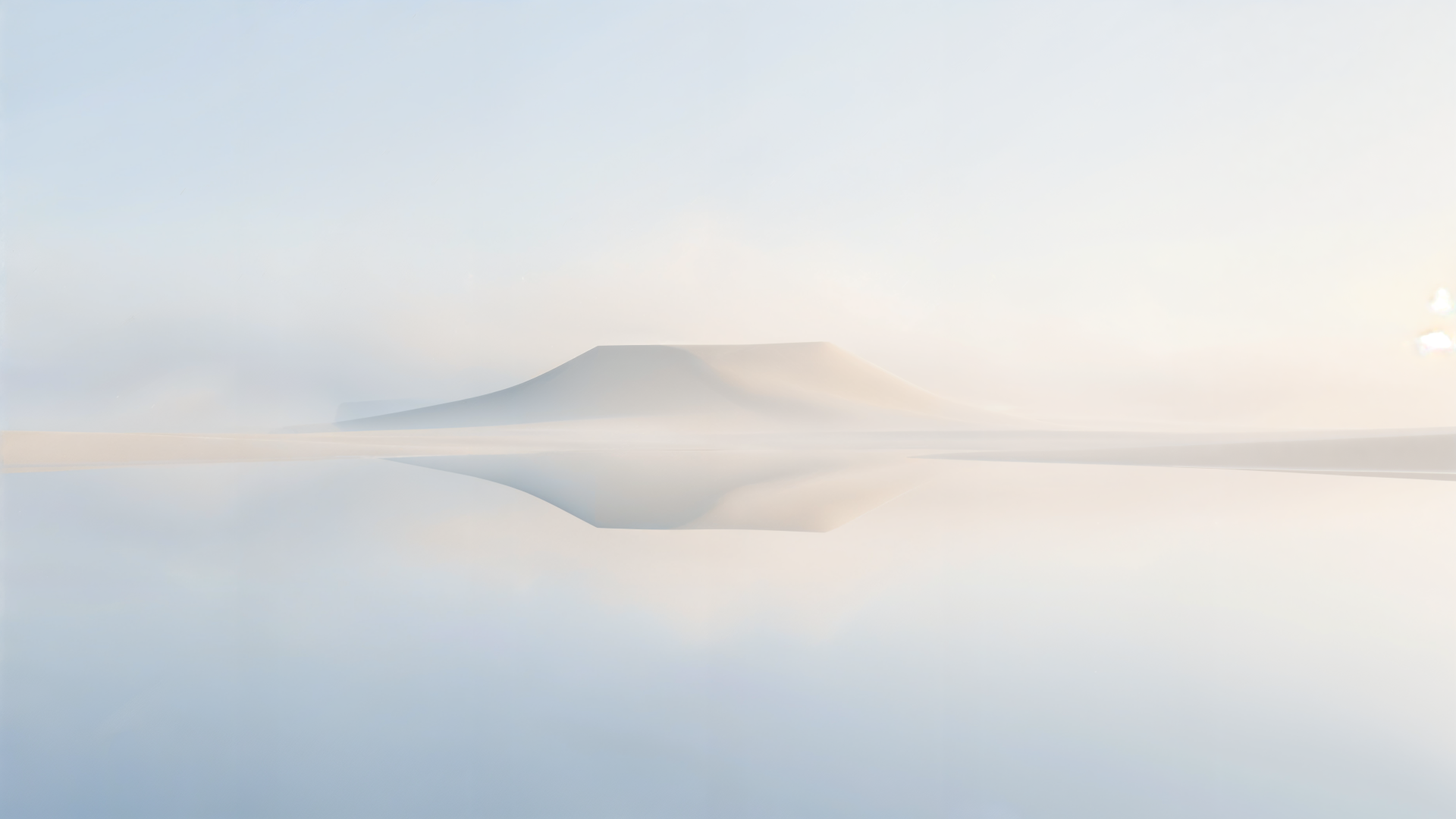 Clean 4K Ultra HD PC desktop wallpaper of a misty mountain reflected in a calm lake, with soft fog and a serene minimalist landscape.