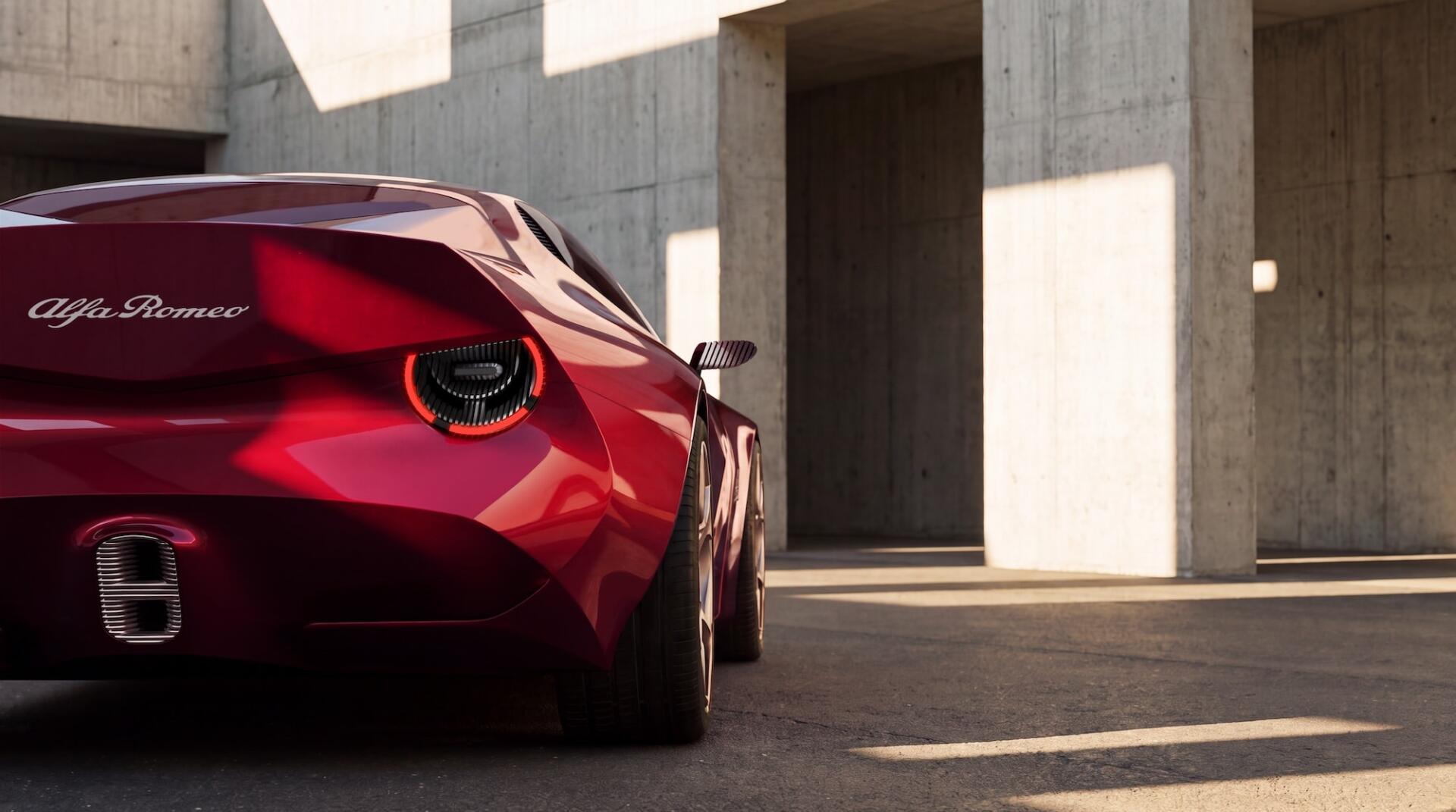 Red Alfa Romeo Cuorerosso concept sports car against modern concrete architecture, featured in an HD desktop wallpaper background.