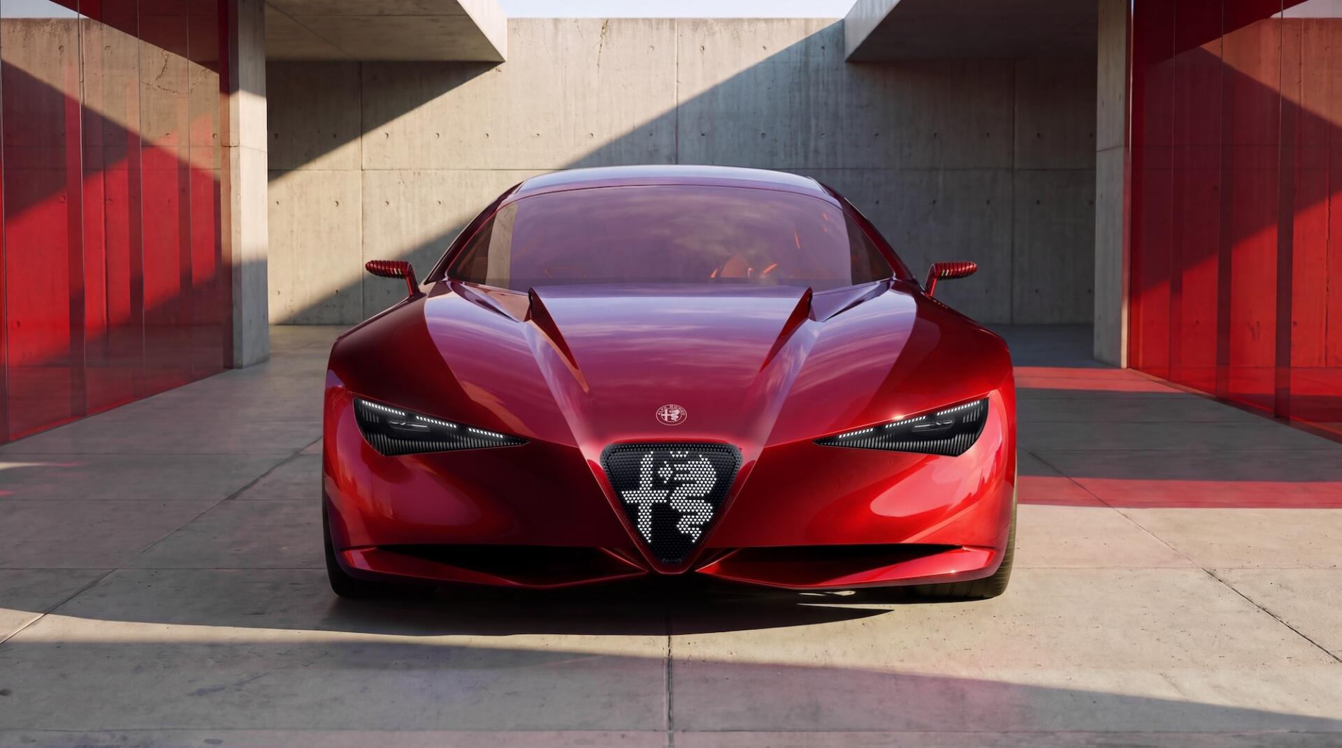 HD desktop wallpaper of the red Alfa Romeo Cuorerosso concept sports car, shown head-on in a modern architectural setting.