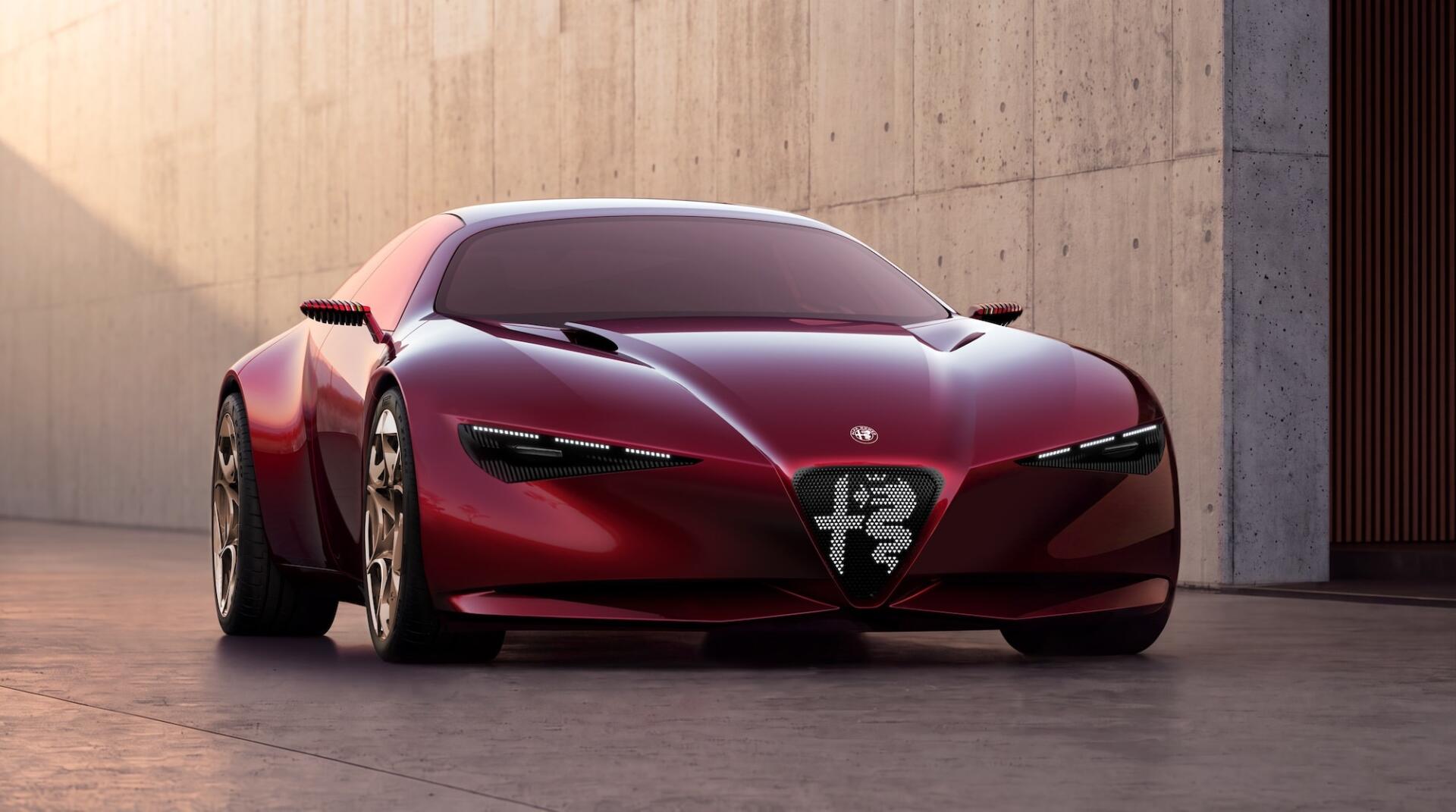 Red Alfa Romeo Cuorerosso concept sports car against a concrete wall, HD desktop wallpaper and background.