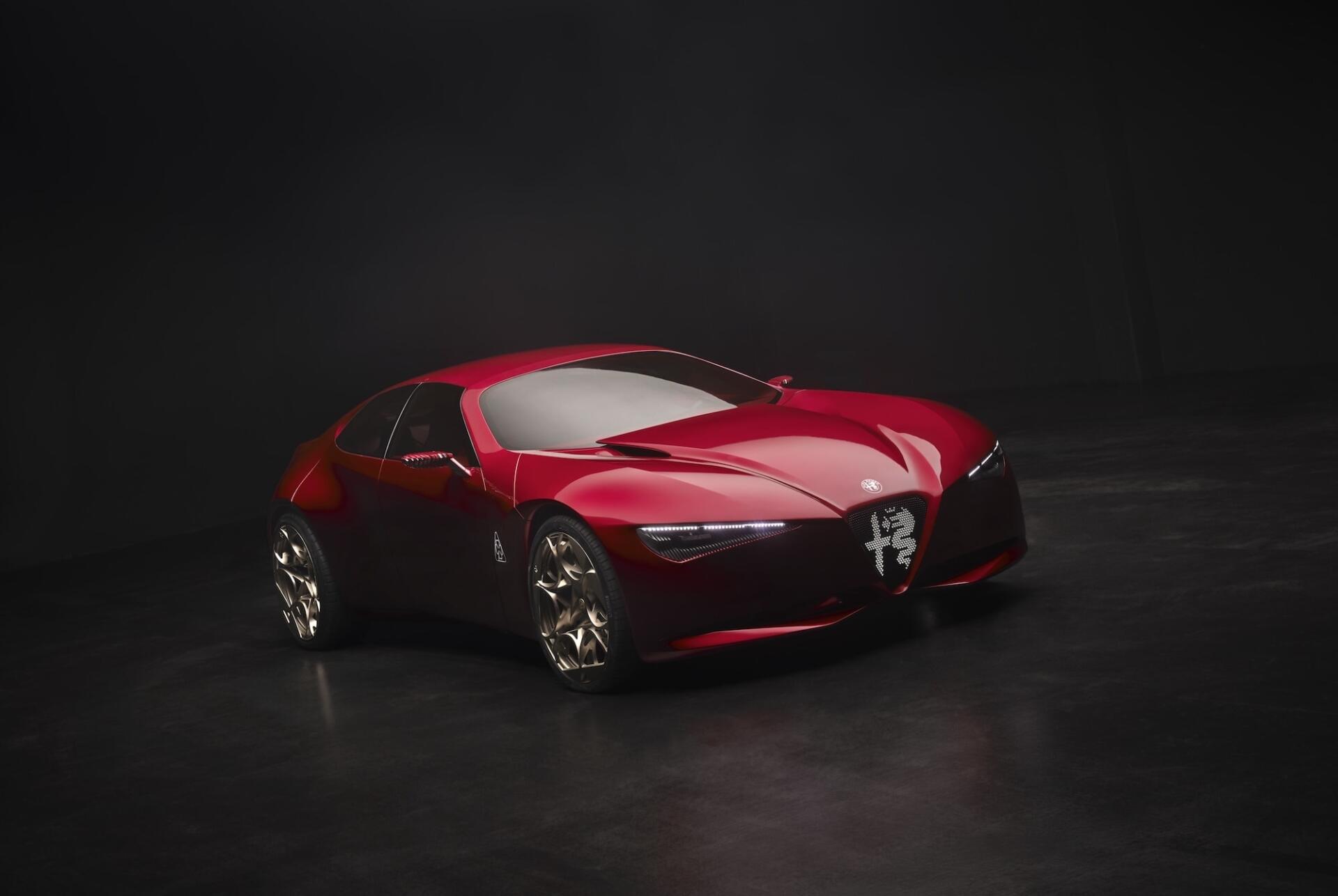 Red Alfa Romeo Cuorerosso concept sports car on a dark studio backdrop, featured in an HD PC desktop wallpaper.