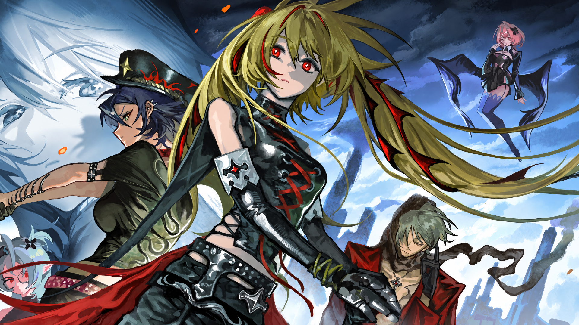 Zenless Zone Zero 4K Ultra HD PC desktop wallpaper featuring an anime girl with long blonde hair and red eyes alongside other characters in a dramatic blue scene.
