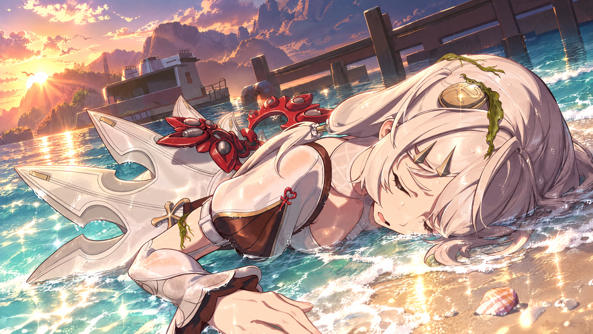 Zenless Zone Zero anime girl in a swimsuit at the beach, 4K Ultra HD PC desktop wallpaper with warm sunset scenery.