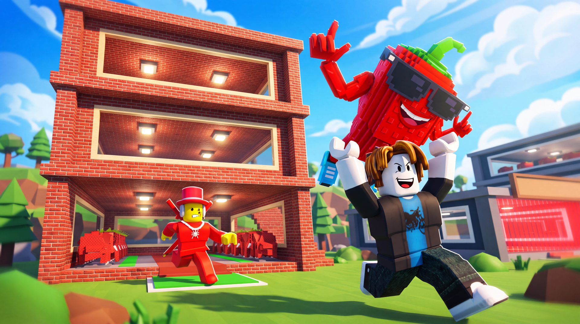 Roblox Steal a Brainrot avatars outside a brick house, featured in a vibrant 5K Ultra HD PC desktop wallpaper and background.