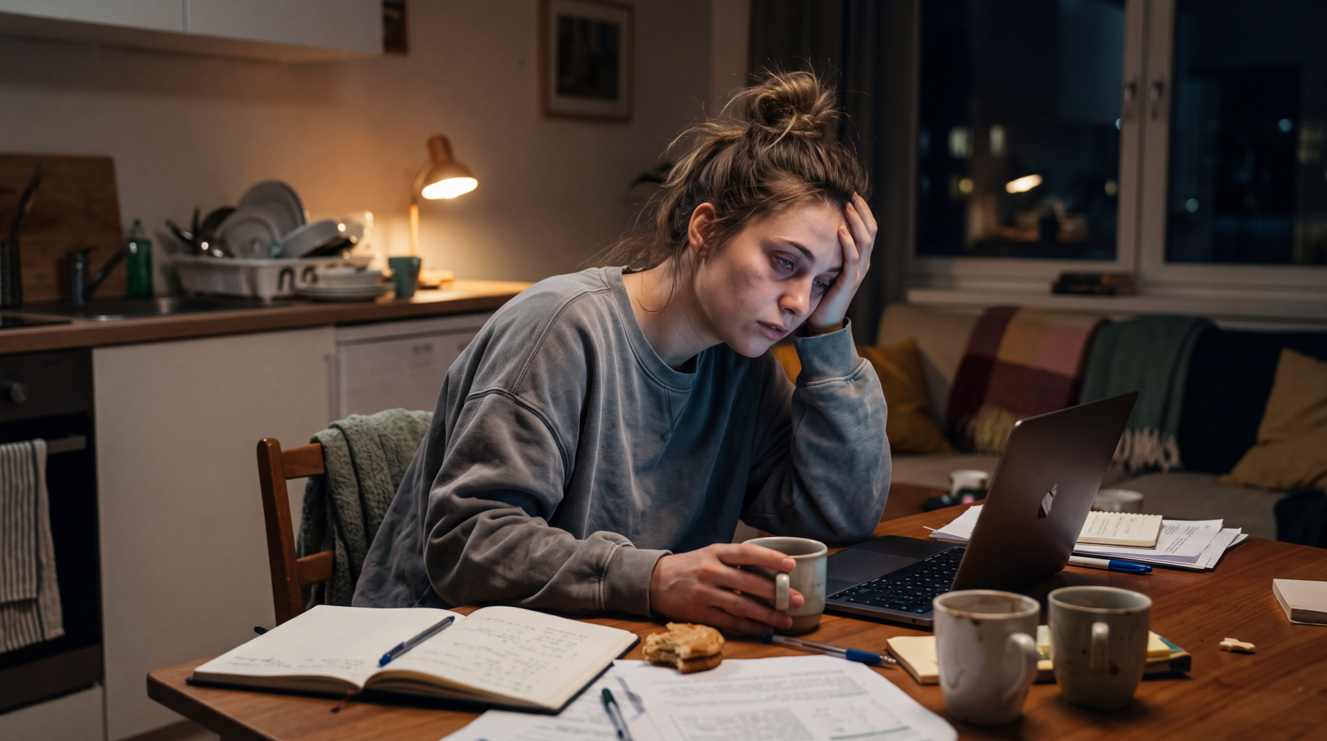 Tired woman studying on a laptop with coffee at her desk, 5K Ultra HD PC desktop wallpaper and background.
