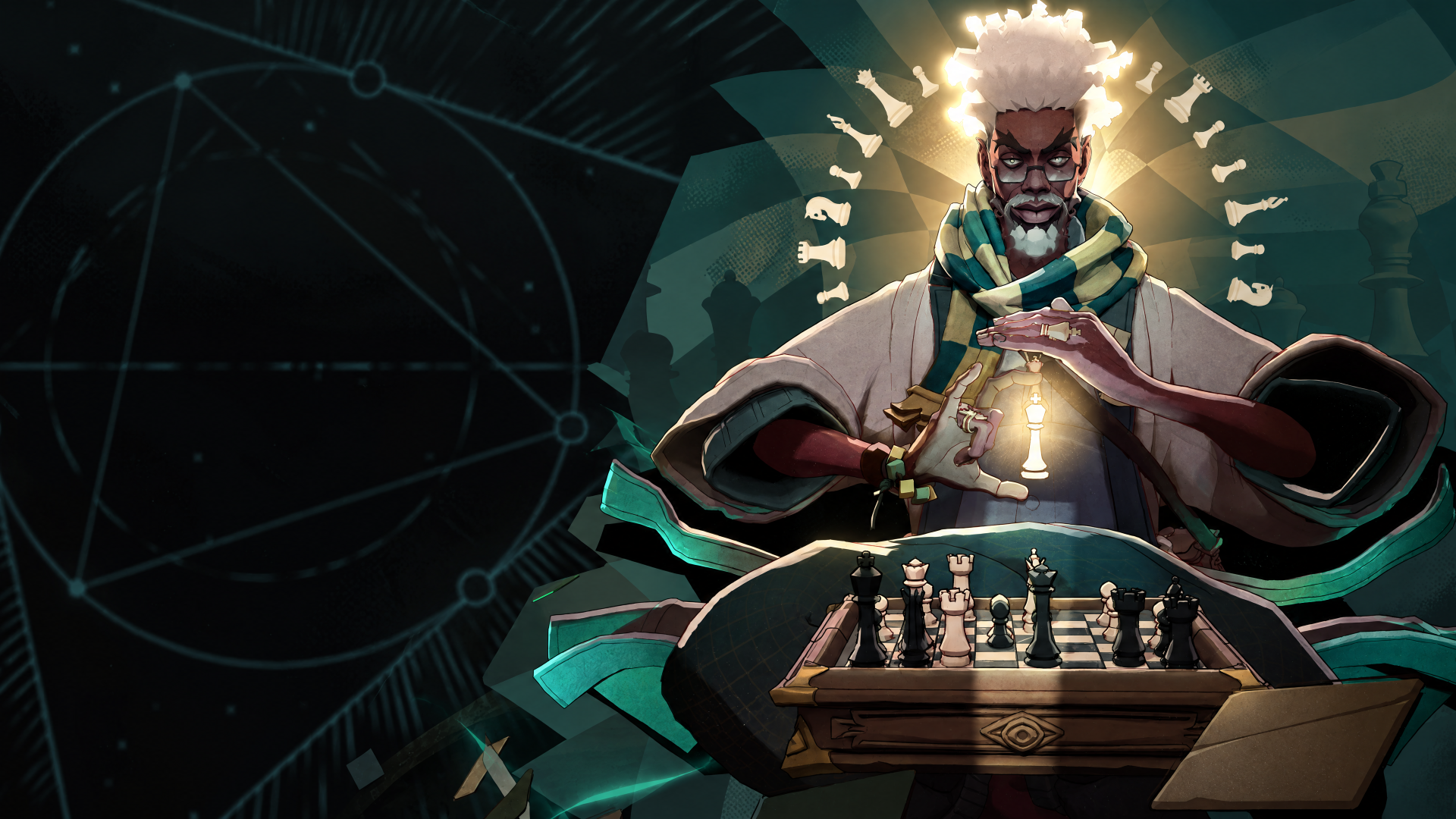 Solomon from Deadlock (2024), a radiant wizard facing a chessboard in a dark, cinematic 4K Ultra HD PC desktop wallpaper.