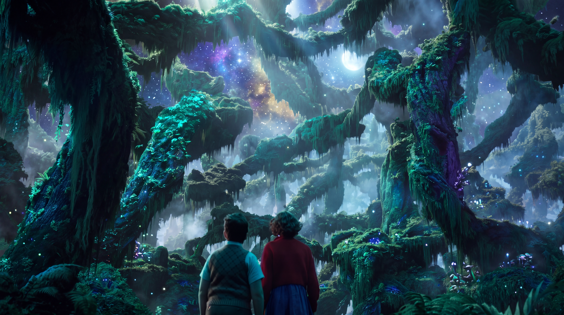 The Chronicles of Narnia: The Magician’s Nephew forest wallpaper, with two figures beneath towering magical trees, in 5K Ultra HD for PC desktop backgrounds.