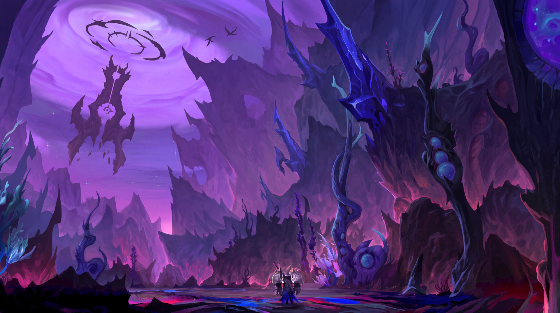 World of Warcraft: Midnight forest with towering purple trees and glowing blue roots, 5K Ultra HD PC desktop wallpaper.
