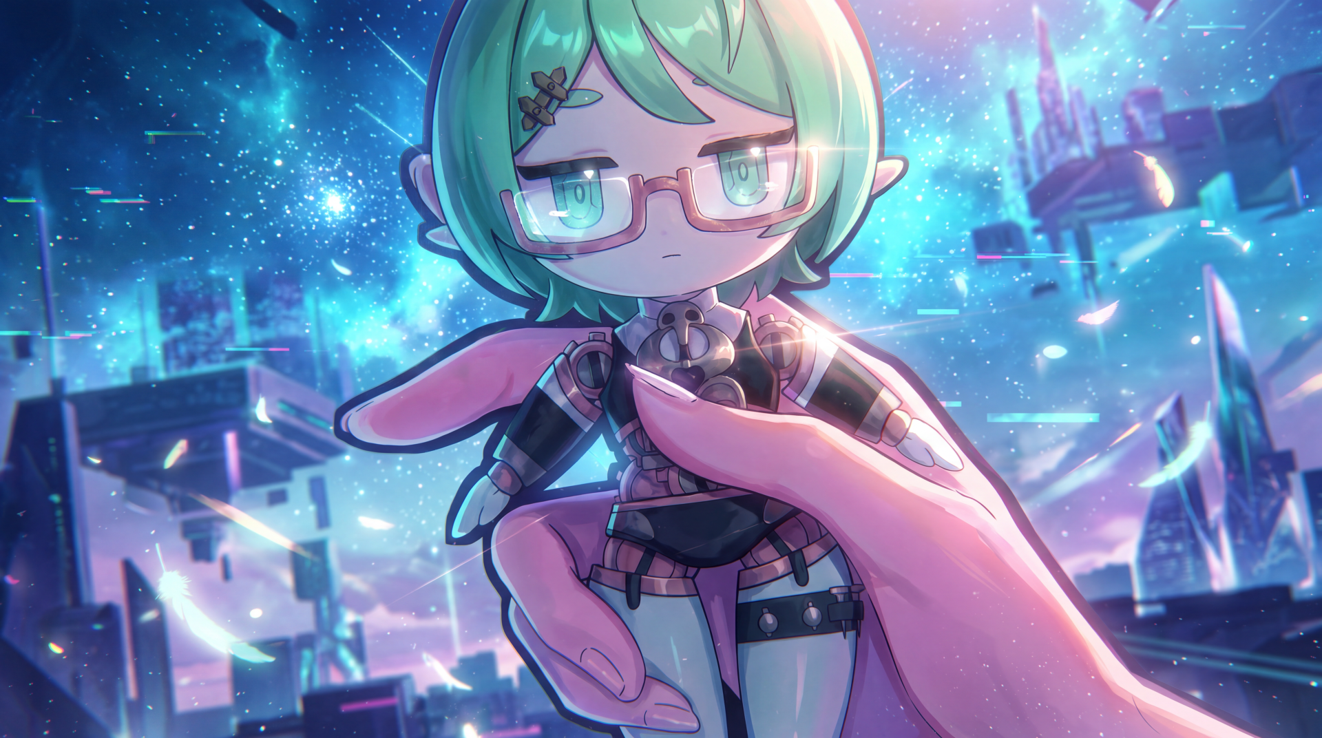 Roxy from Zenless Zone Zero, a mint-haired anime girl with glasses against a glowing futuristic city, in a 5K Ultra HD PC desktop wallpaper.