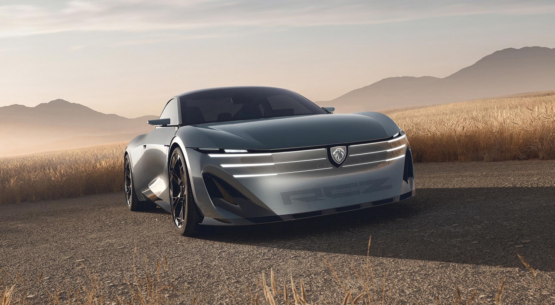 Peugeot RCZ Vision electric concept car on a desert road, shown in HD desktop wallpaper.