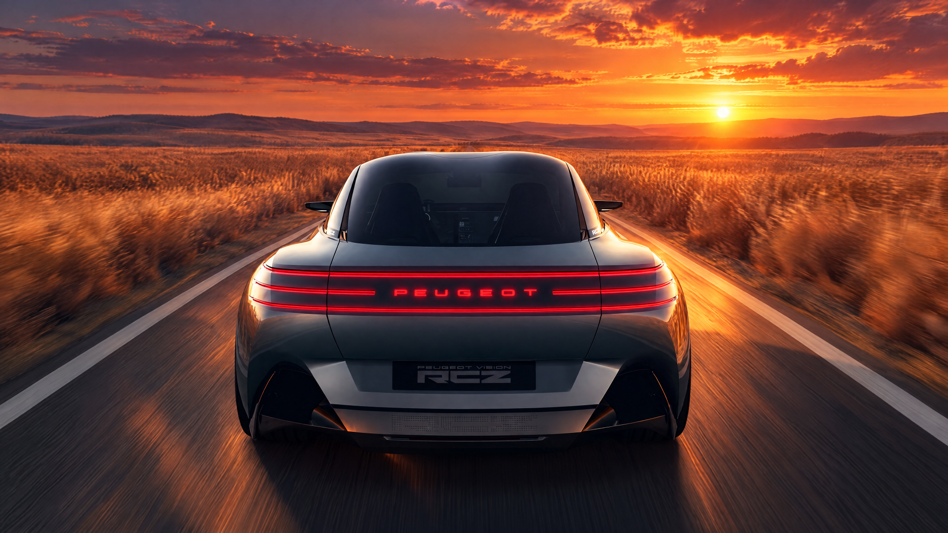 Peugeot RCZ Vision sports car on an open road at sunset, 4K Ultra HD desktop wallpaper