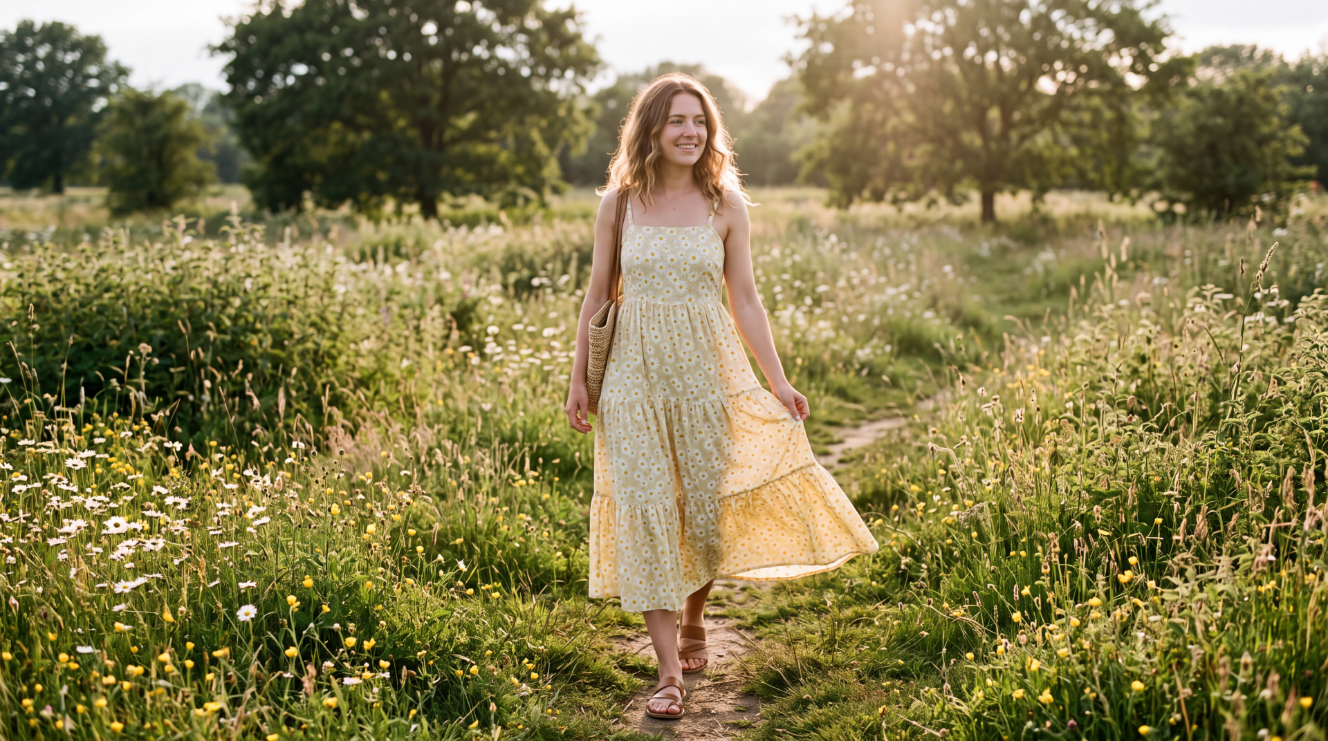 Woman in a flowing sundress walking through a sunlit meadow, 5K Ultra HD desktop wallpaper background.