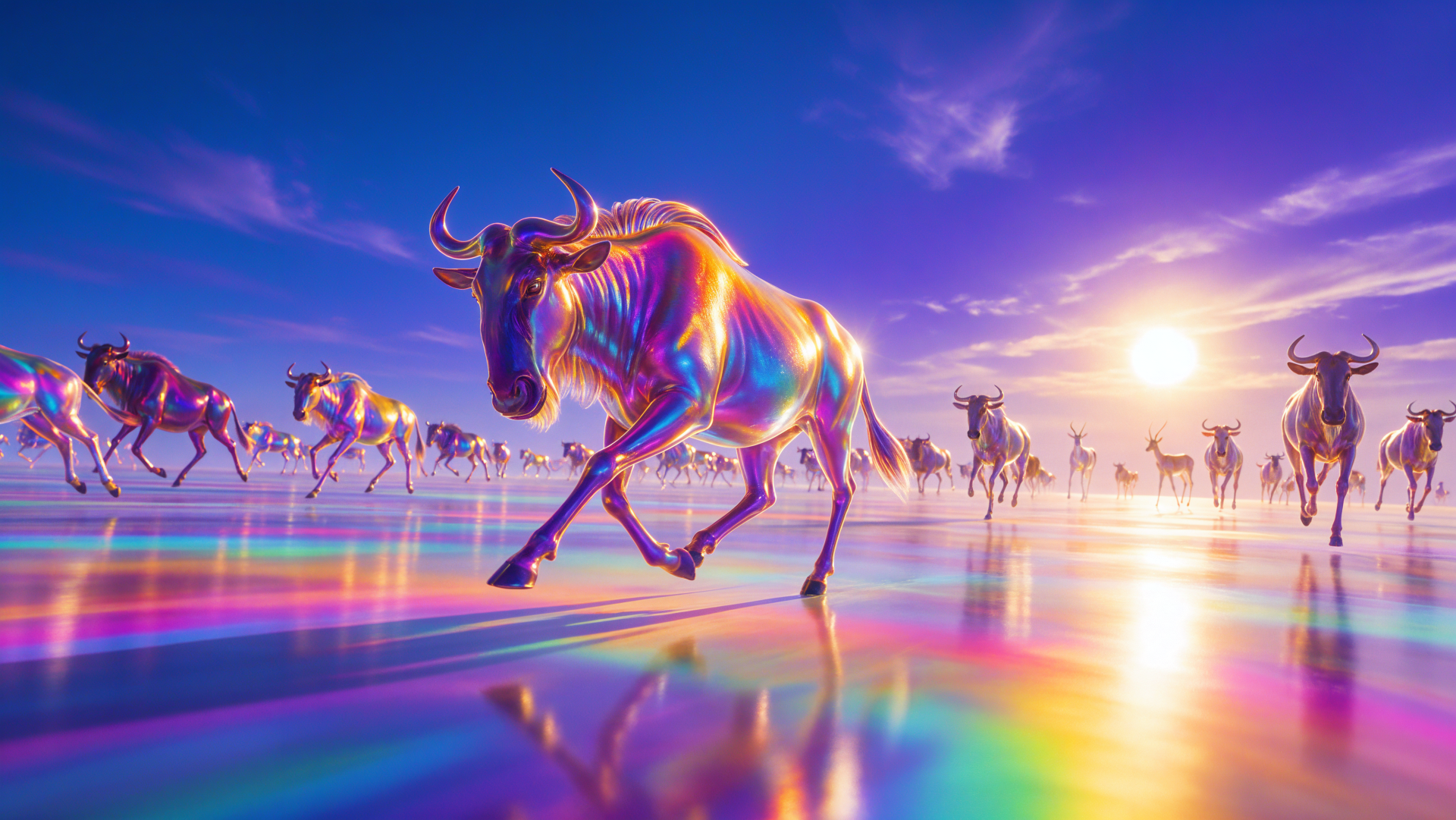 Colorful wildebeest stampede across a reflective landscape at sunset, 4K Ultra HD PC desktop wallpaper and background.