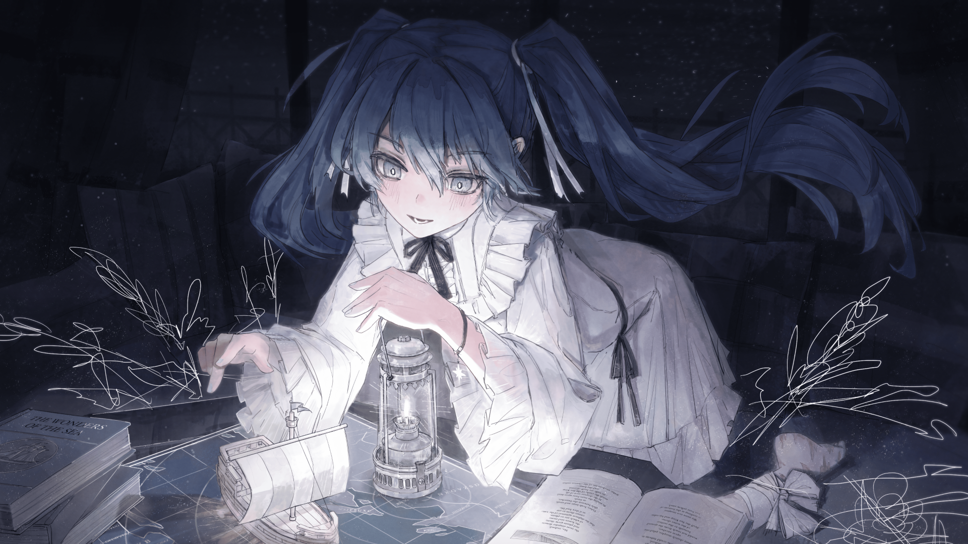 Hatsune Miku reading by lantern in a moonlit room, 4K Ultra HD PC desktop wallpaper and background.