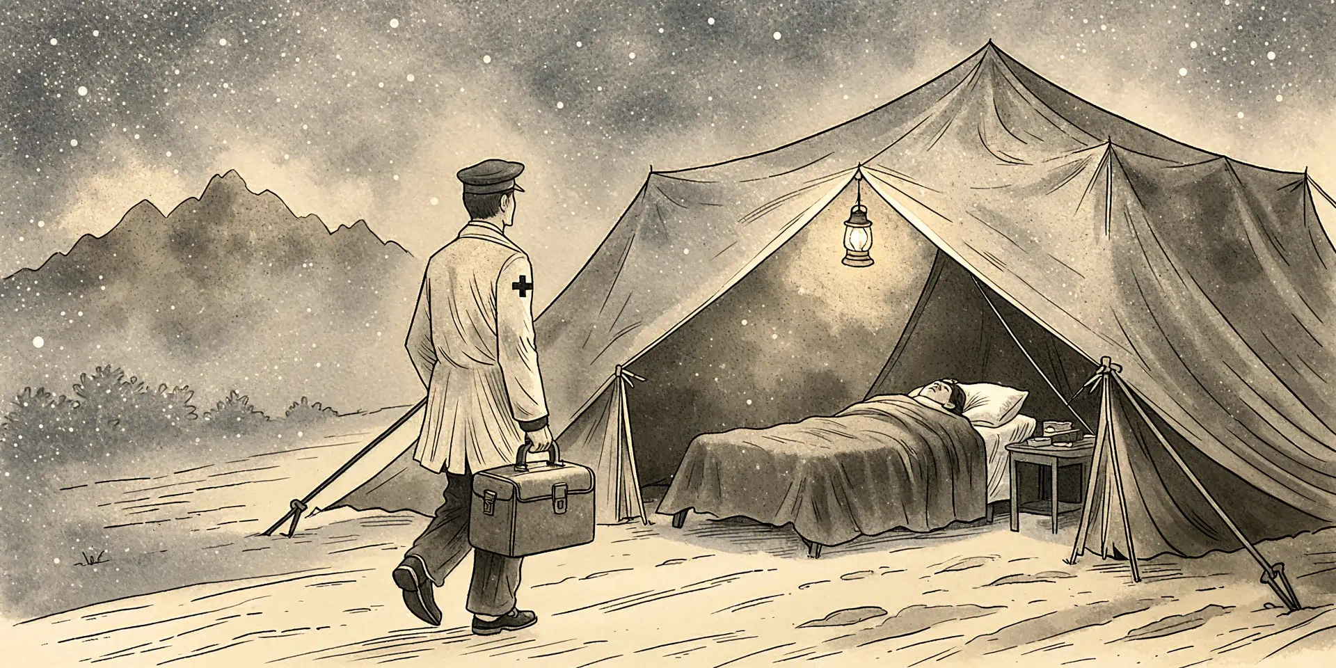 Vintage sepia illustration of a man with a medical armband beside a lit camping tent and bed, 4K Ultra HD desktop wallpaper background.