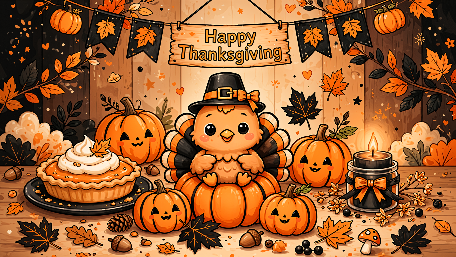 Cute Thanksgiving pumpkin pie scene with a cheerful autumn character and pumpkins, 4K Ultra HD PC desktop wallpaper and background.