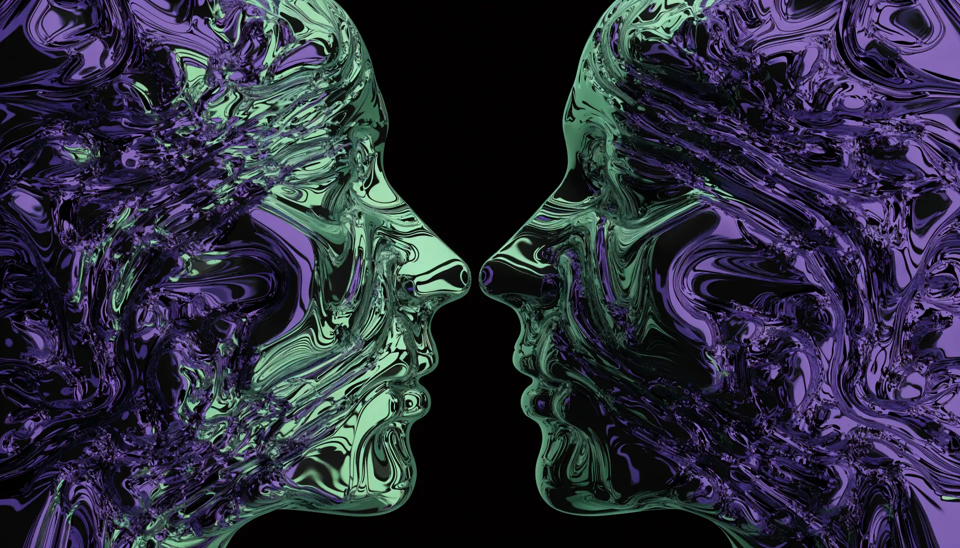 Abstract soulmate portrait of mirrored purple and green faces in profile, facing each other on a 4K Ultra HD desktop wallpaper.