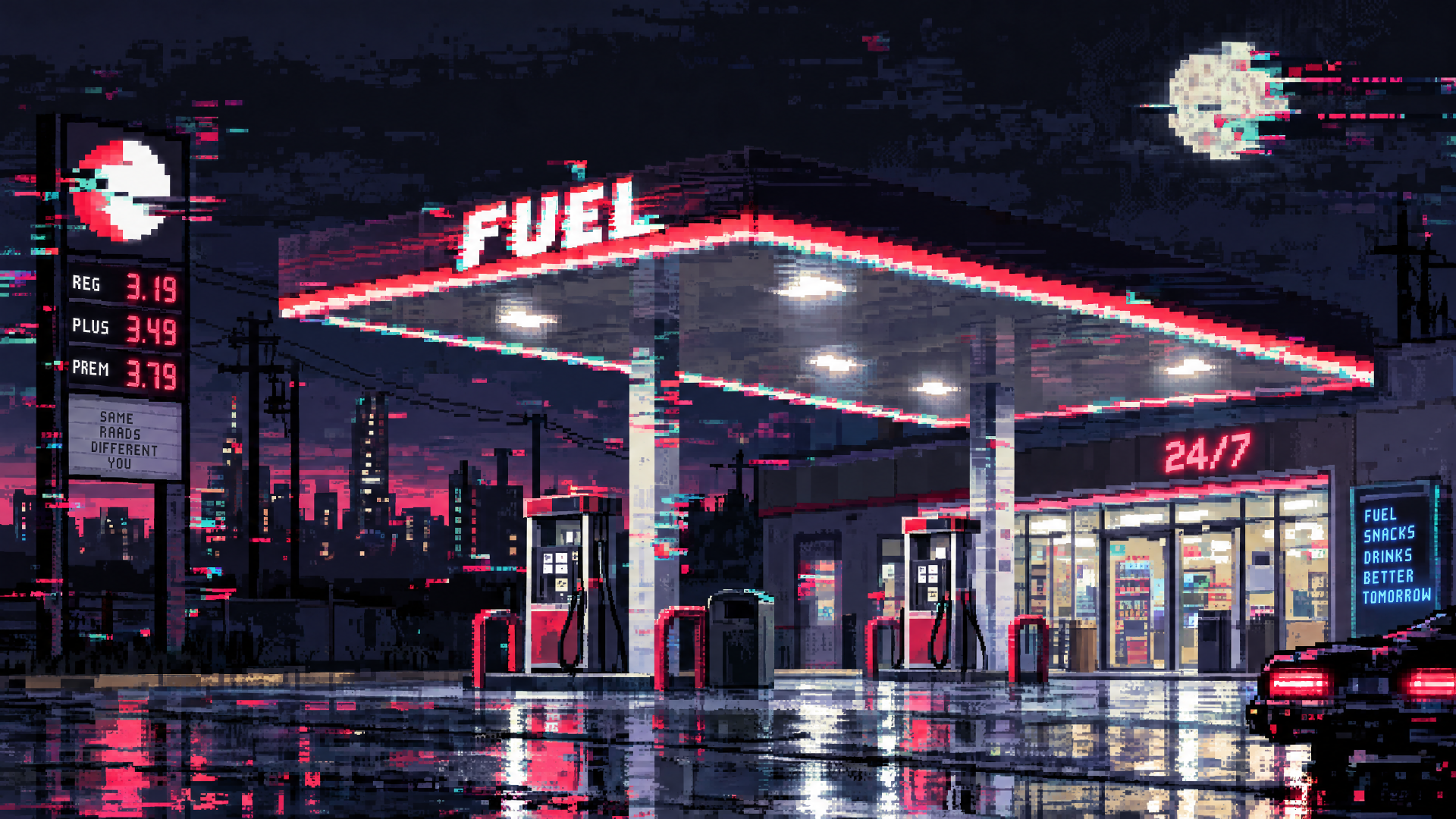 Neon gas station with glowing pumps and 24/7 convenience store on a rainy night, 4K Ultra HD PC desktop wallpaper background.