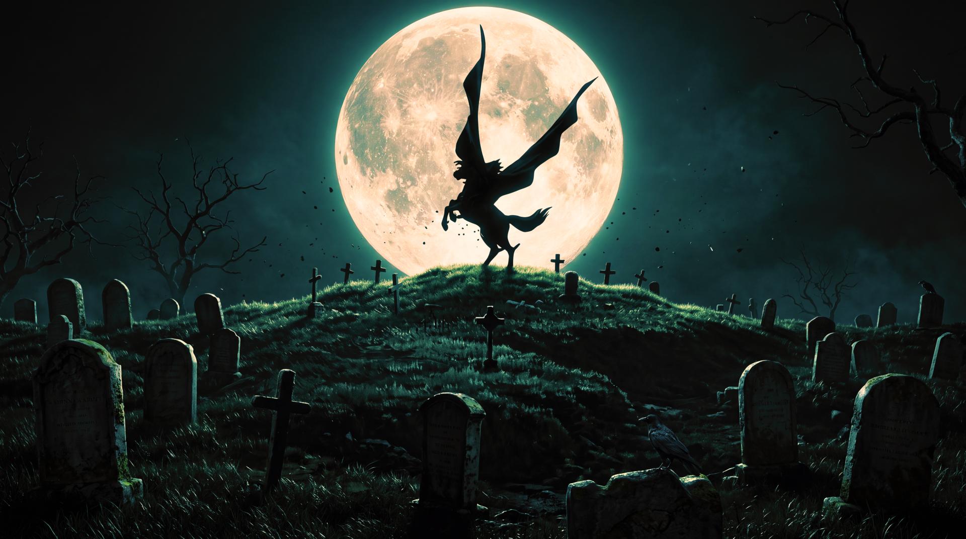 Vampire Hunter D anime wallpaper: a cloaked figure silhouetted against a full moon in a graveyard, 5K Ultra HD desktop background.