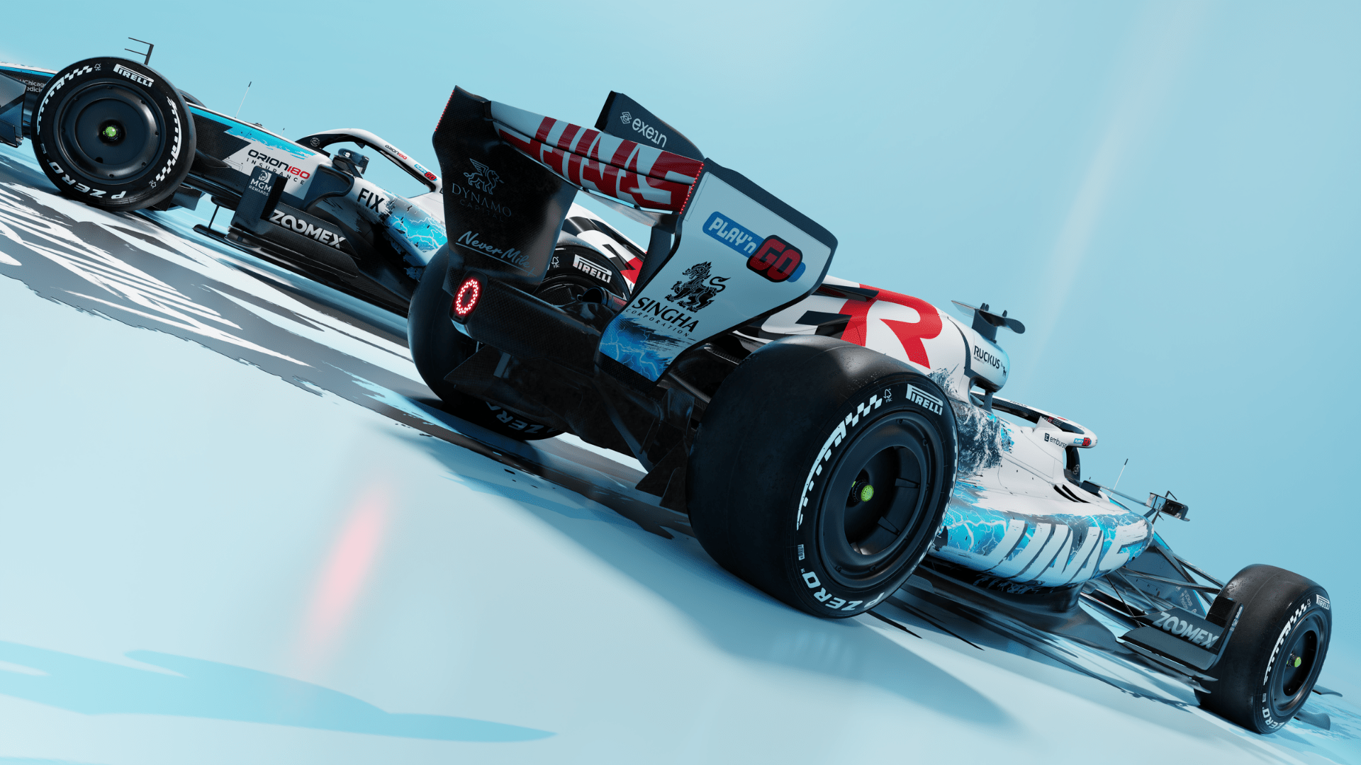 Haas F1 Team’s VF-26 Formula 1 race car on a blue track, featured in an HD PC desktop wallpaper.