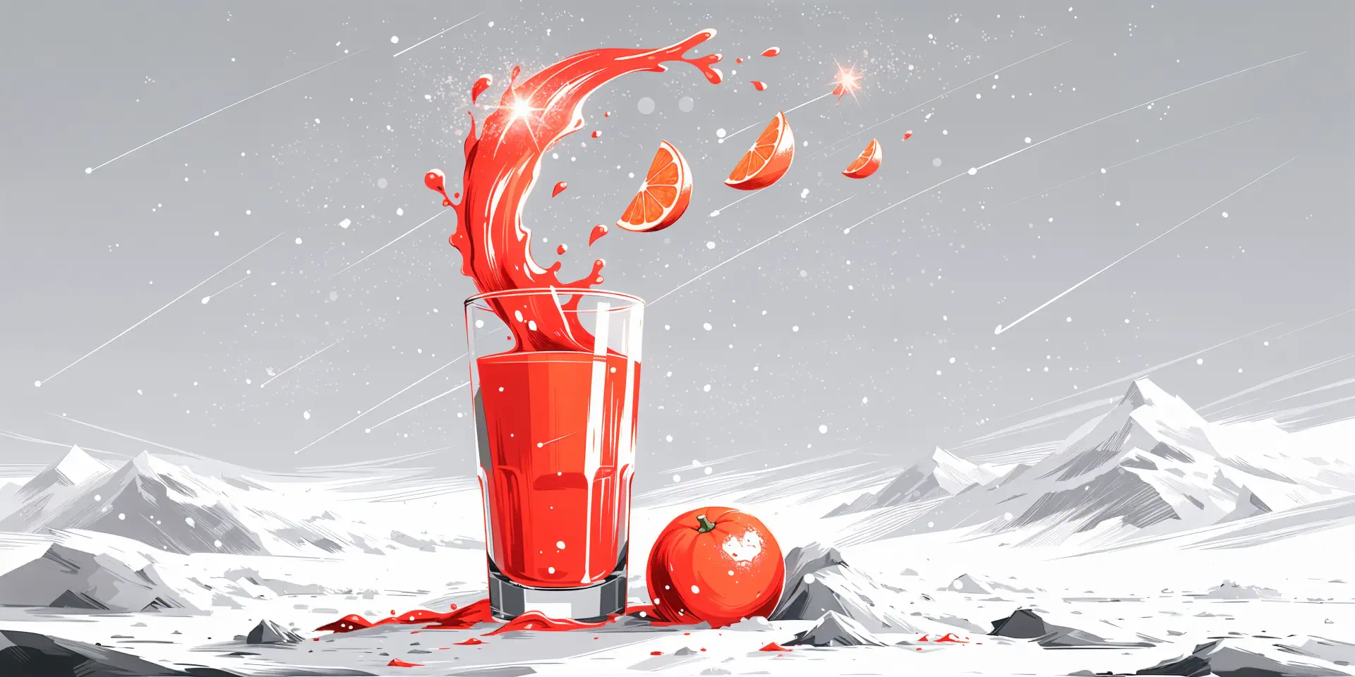 4K Ultra HD PC desktop wallpaper of a glass of tomato juice splashing beside a ripe tomato on a snowy mountain landscape.