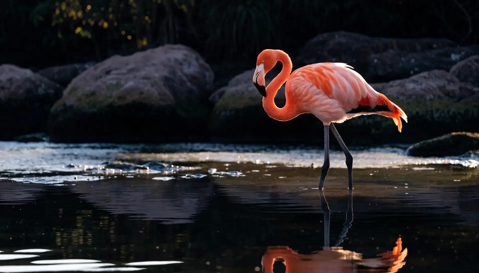 4K Ultra HD PC desktop wallpaper of a pink flamingo standing in shallow water among dark rocks.