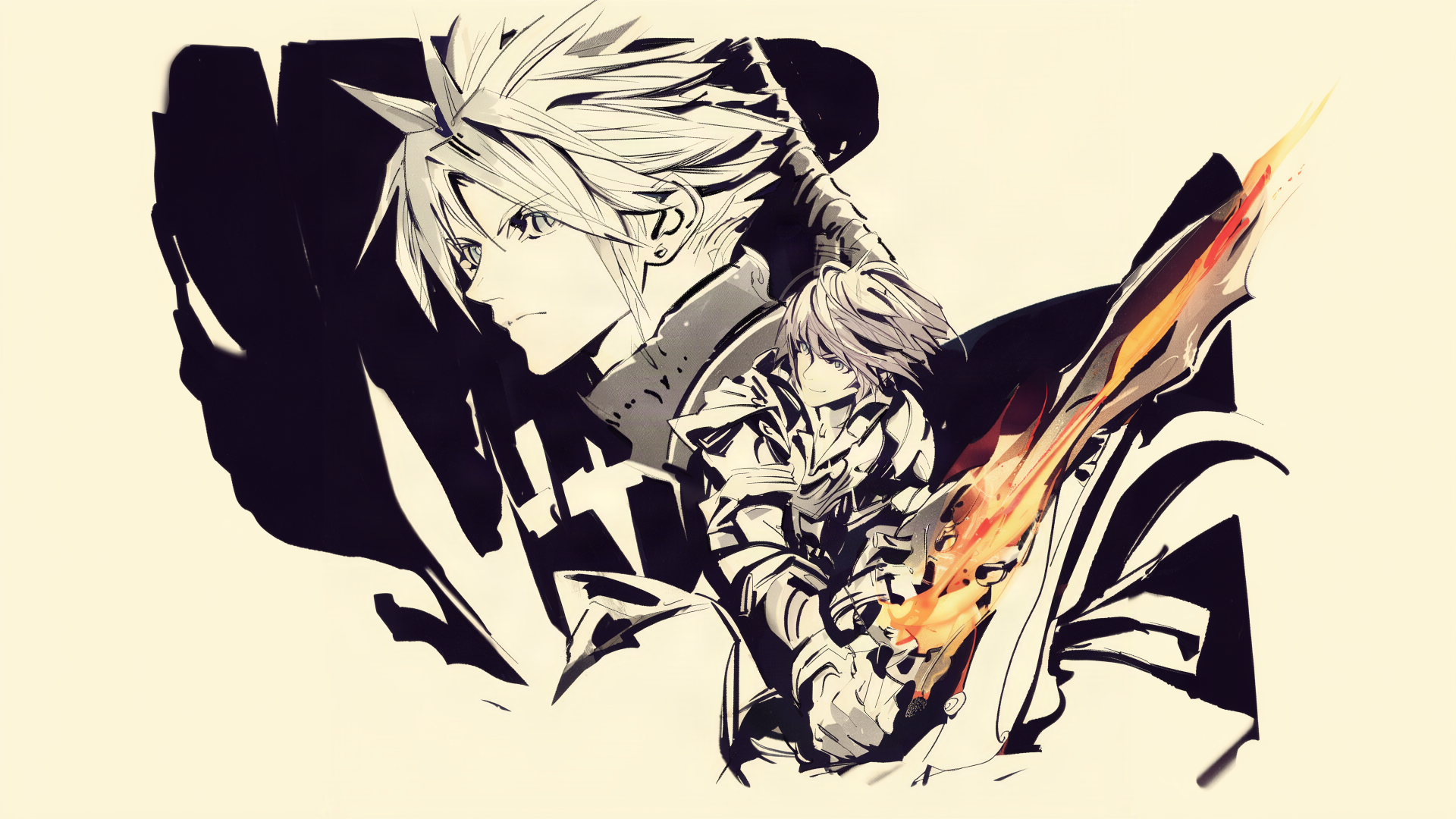 Cloud Strife with a fiery sword in anime manga art, Final Fantasy Resonance 4K Ultra HD PC desktop wallpaper.